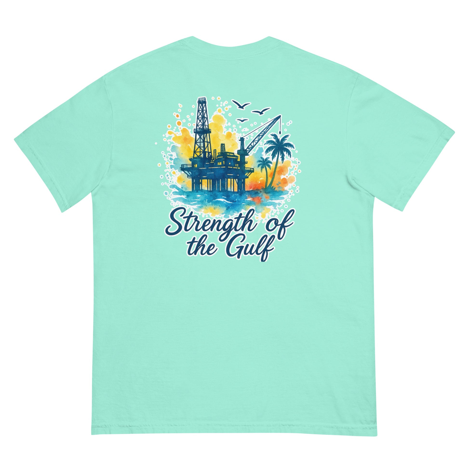 Light green short-sleeve tee with watercolor jack-up rig, palm trees, and "Strength of the Gulf" text on back.