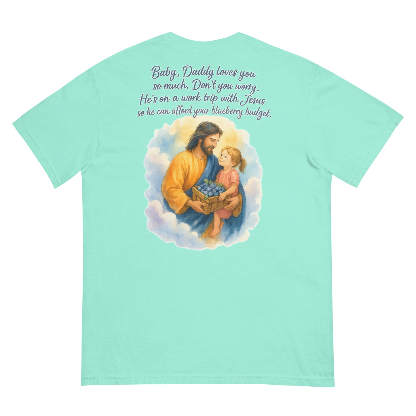 Light green Comfort Colors tee with watercolor Jesus holding a girl and blueberries, plus inspirational quote.