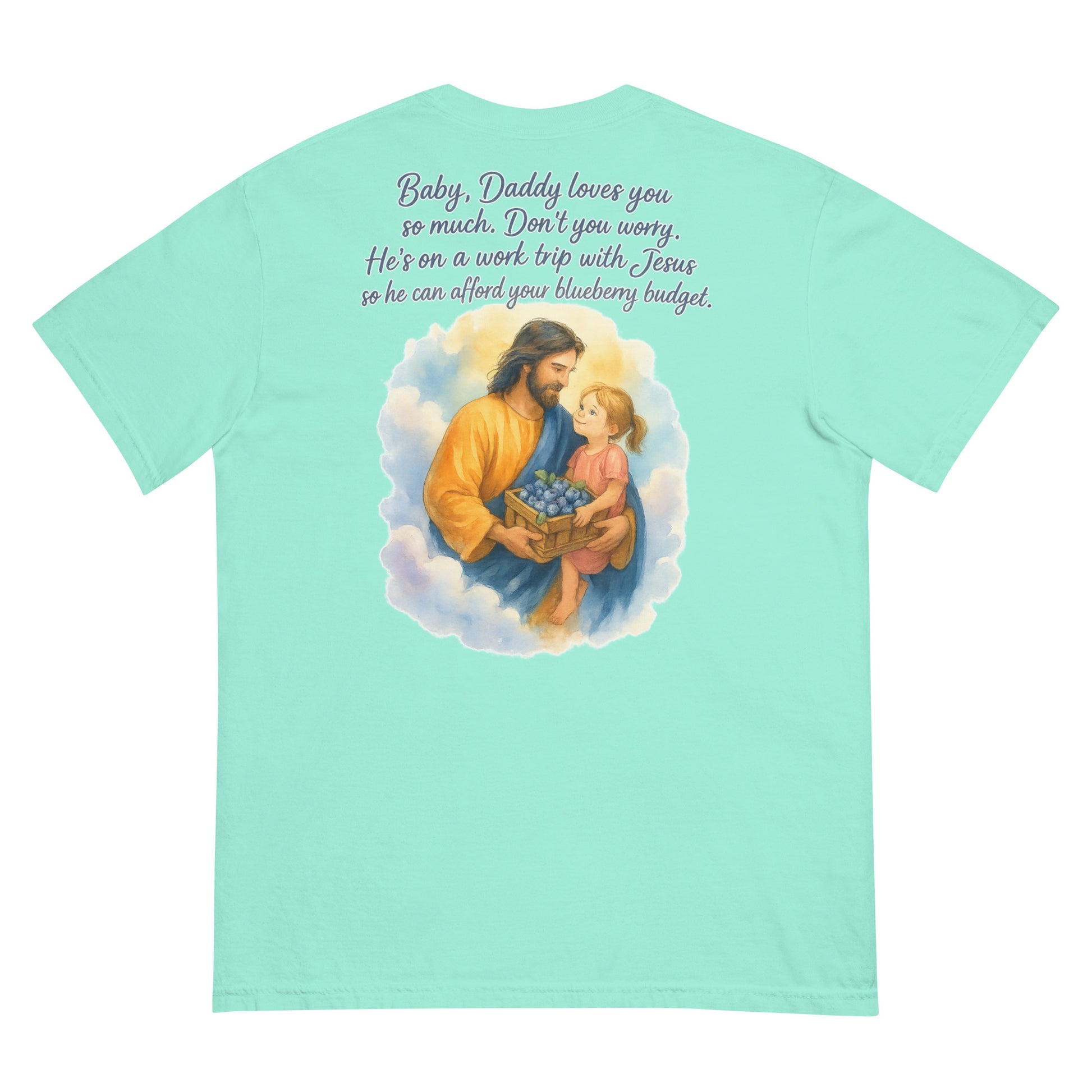 Light green Comfort Colors tee with watercolor Jesus holding a girl and blueberries, plus inspirational quote.