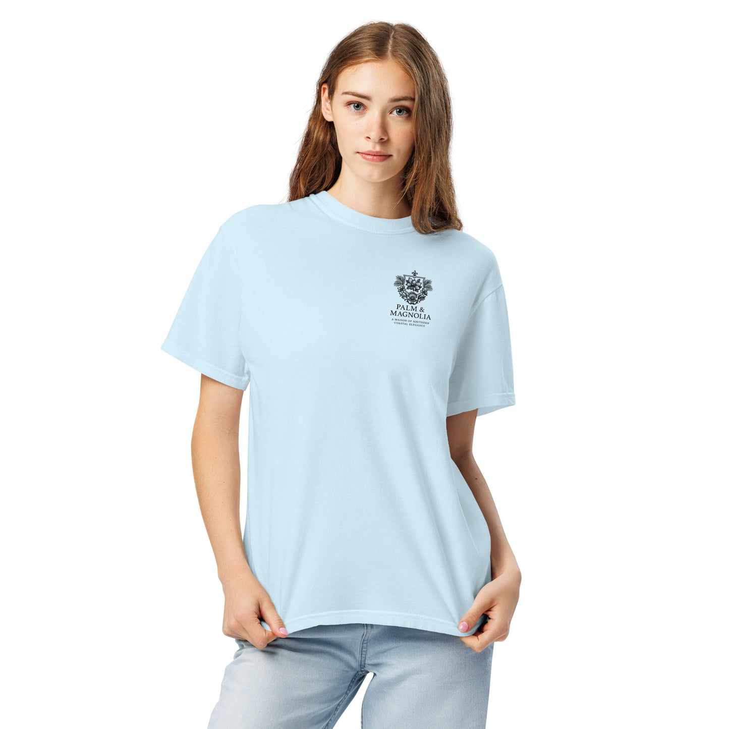 Light blue oversized Comfort Colors tee with Hard Rock Bronco graphic on chest, modeled by a woman.