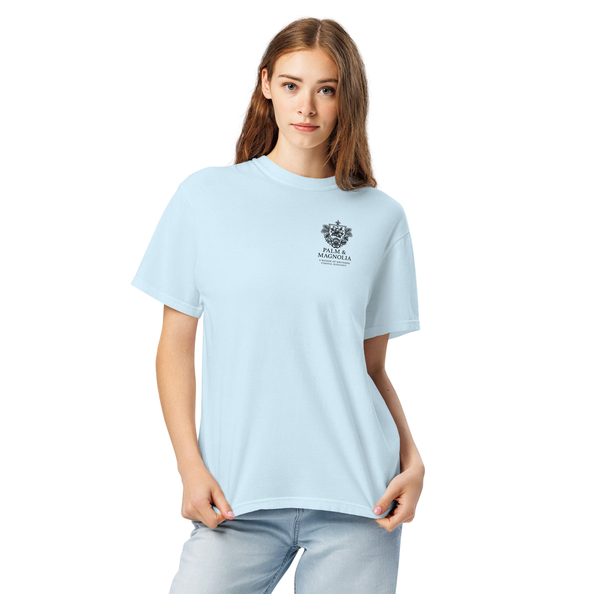 Light blue oversized Comfort Colors tee with Hard Rock Bronco graphic on chest, modeled by a woman.