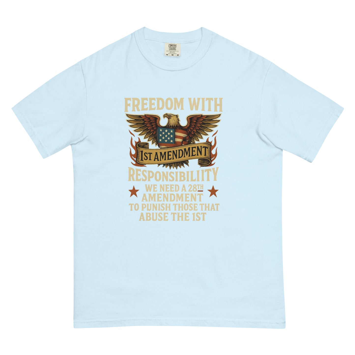 Light blue unisex heavyweight t-shirt with eagle and 1st Amendment graphic.