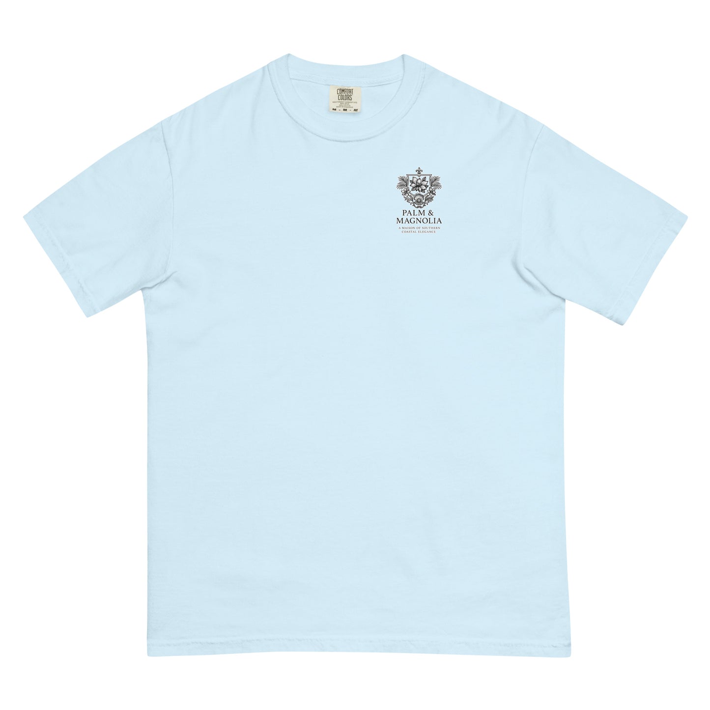 Light blue Comfort Colors T-shirt with watercolor illustration of Christ holding a girl and blueberries on the chest.