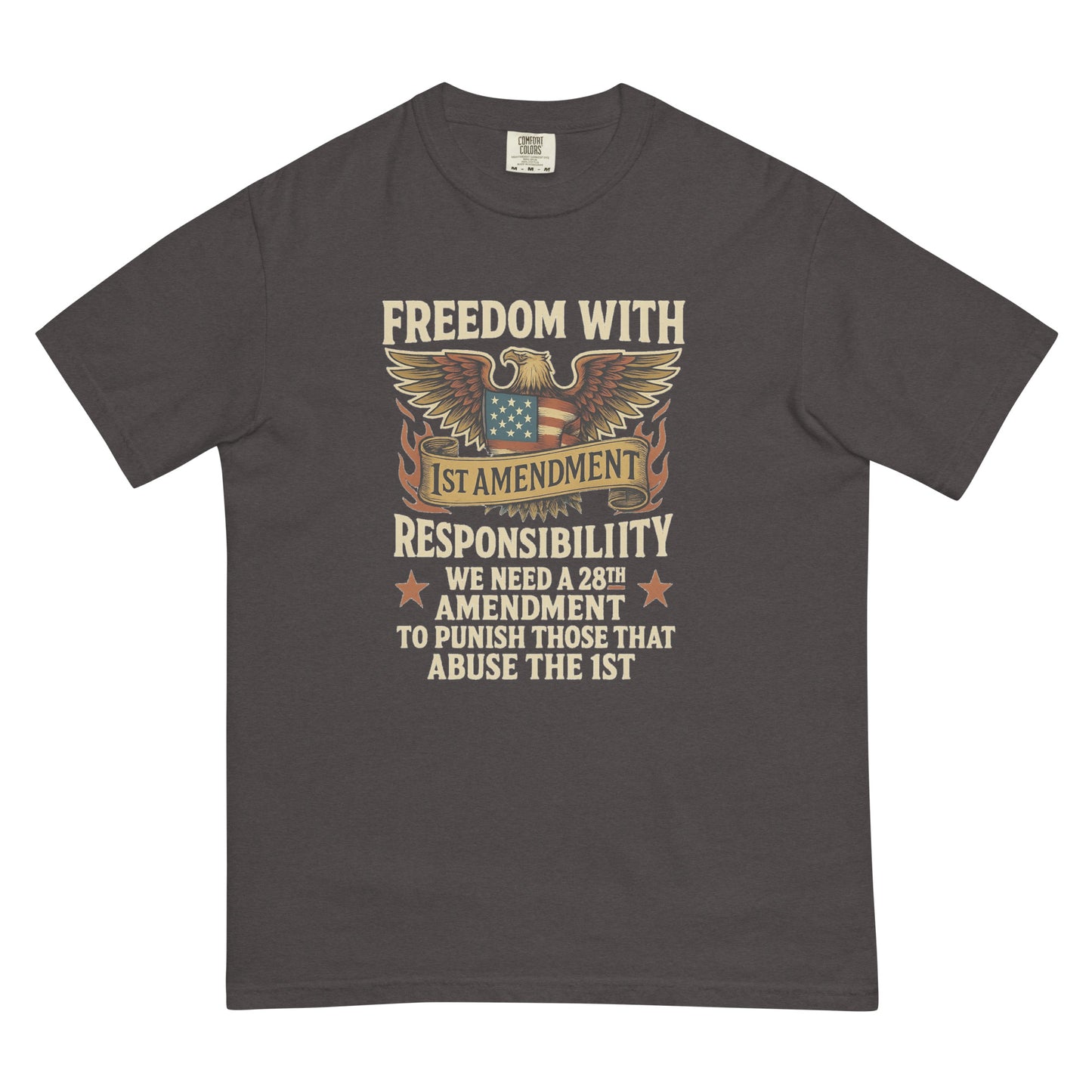 Gray heavyweight unisex t-shirt with eagle graphic and text on freedom, 1st and 28th Amendments.