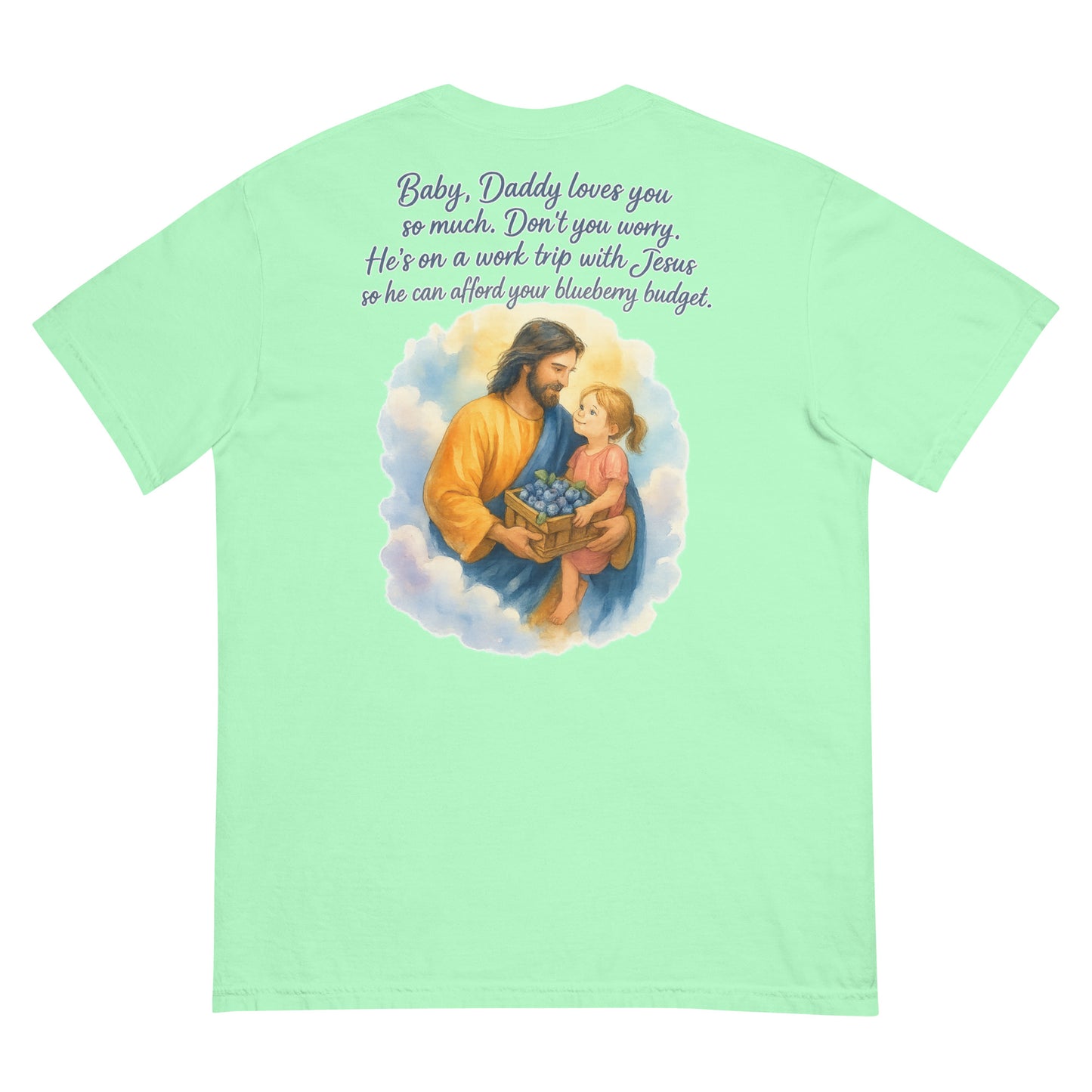 Light green Comfort Colors tee with watercolor Jesus holding girl and blueberries, plus heartfelt quote.