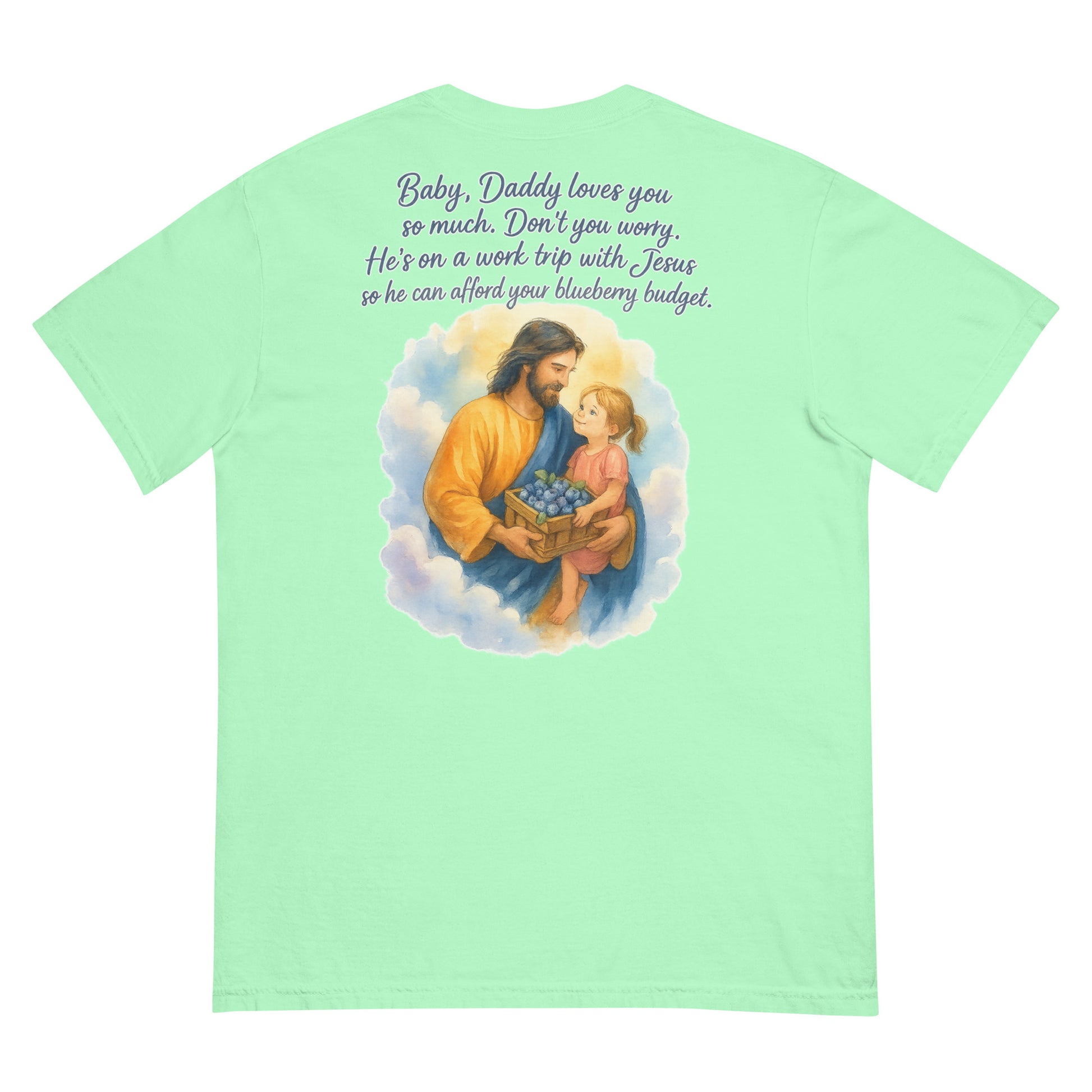 Light green Comfort Colors tee with watercolor Jesus holding girl and blueberries, plus heartfelt quote.