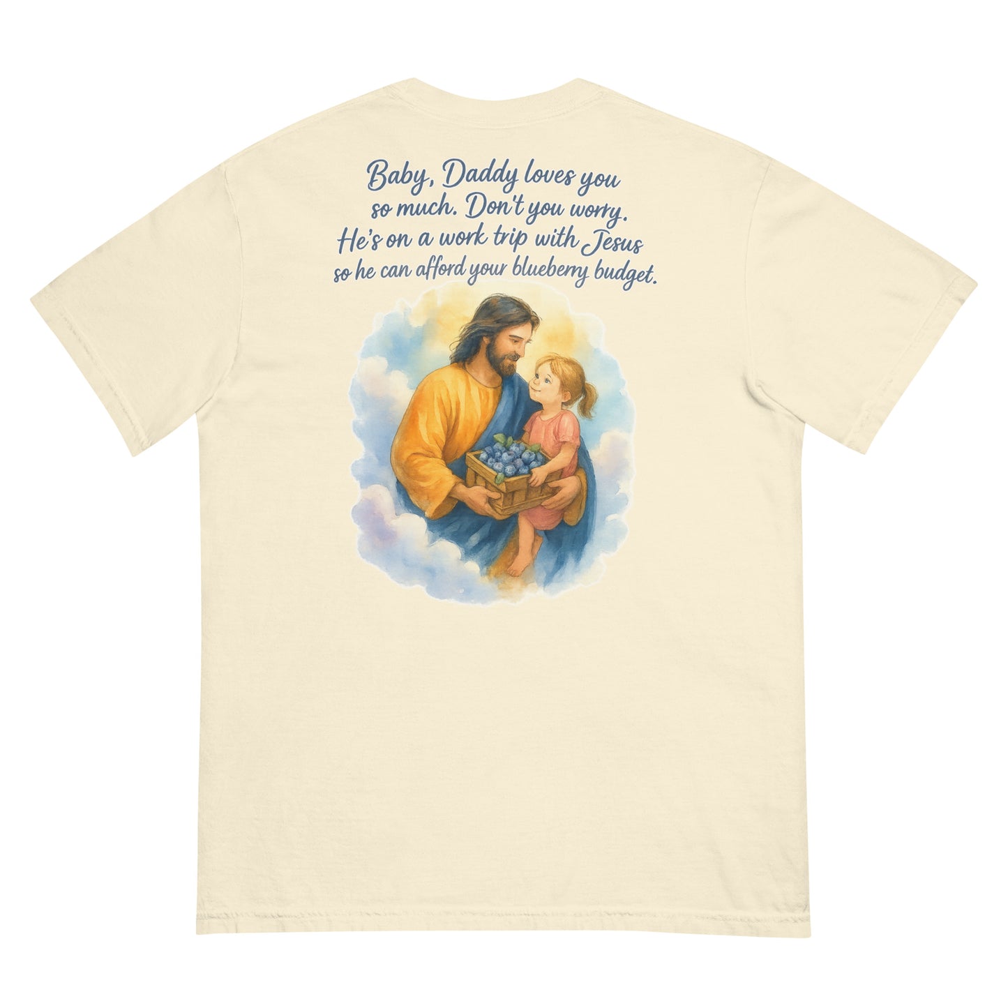 Cream Comfort Colors t-shirt with watercolor Jesus holding girl and blueberries.