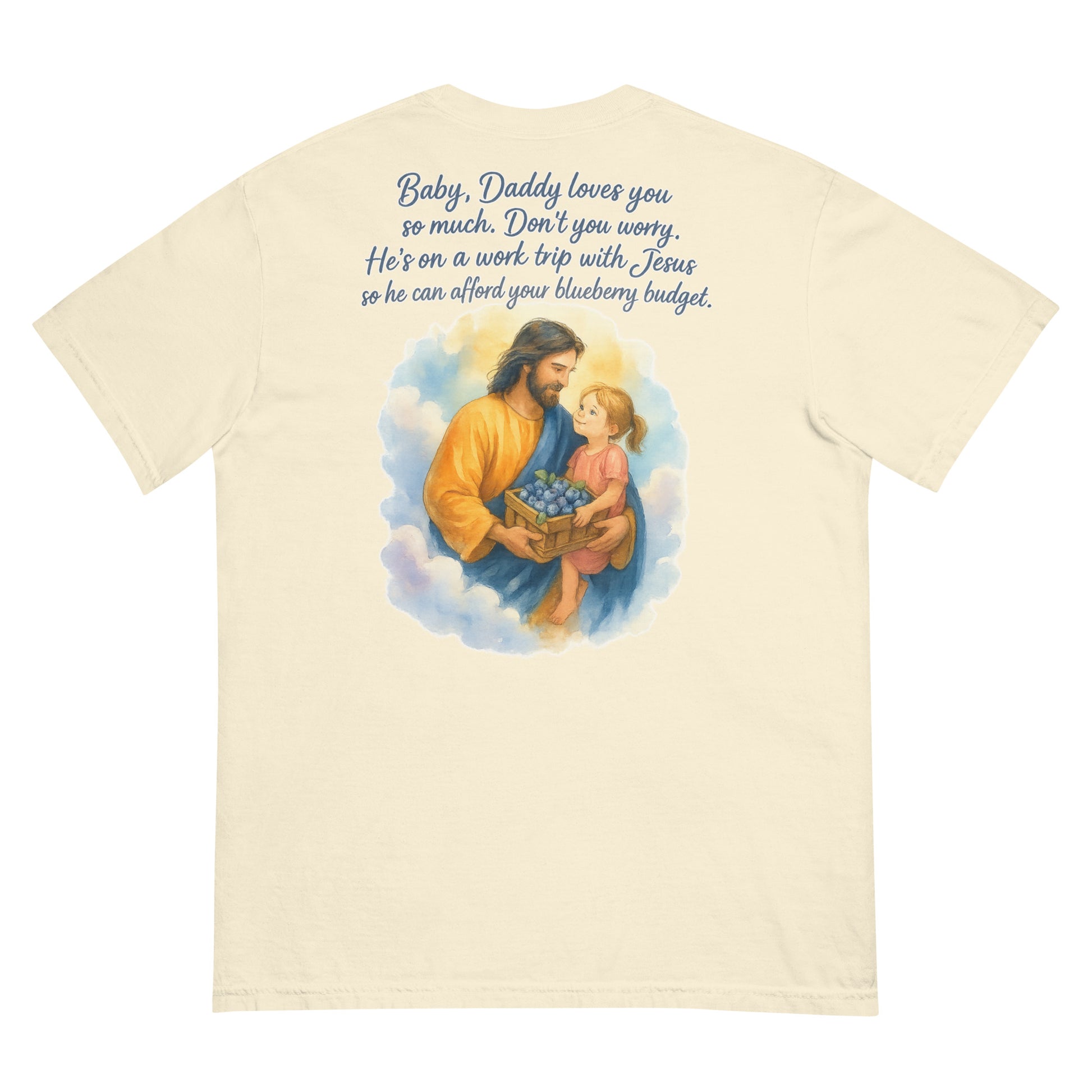 Cream Comfort Colors t-shirt with watercolor Jesus holding girl and blueberries.
