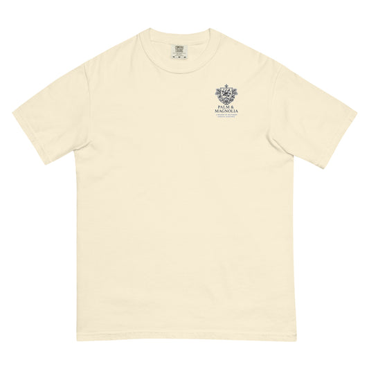 Cream short-sleeve Comfort Colors tee with jack-up rig chest emblem.