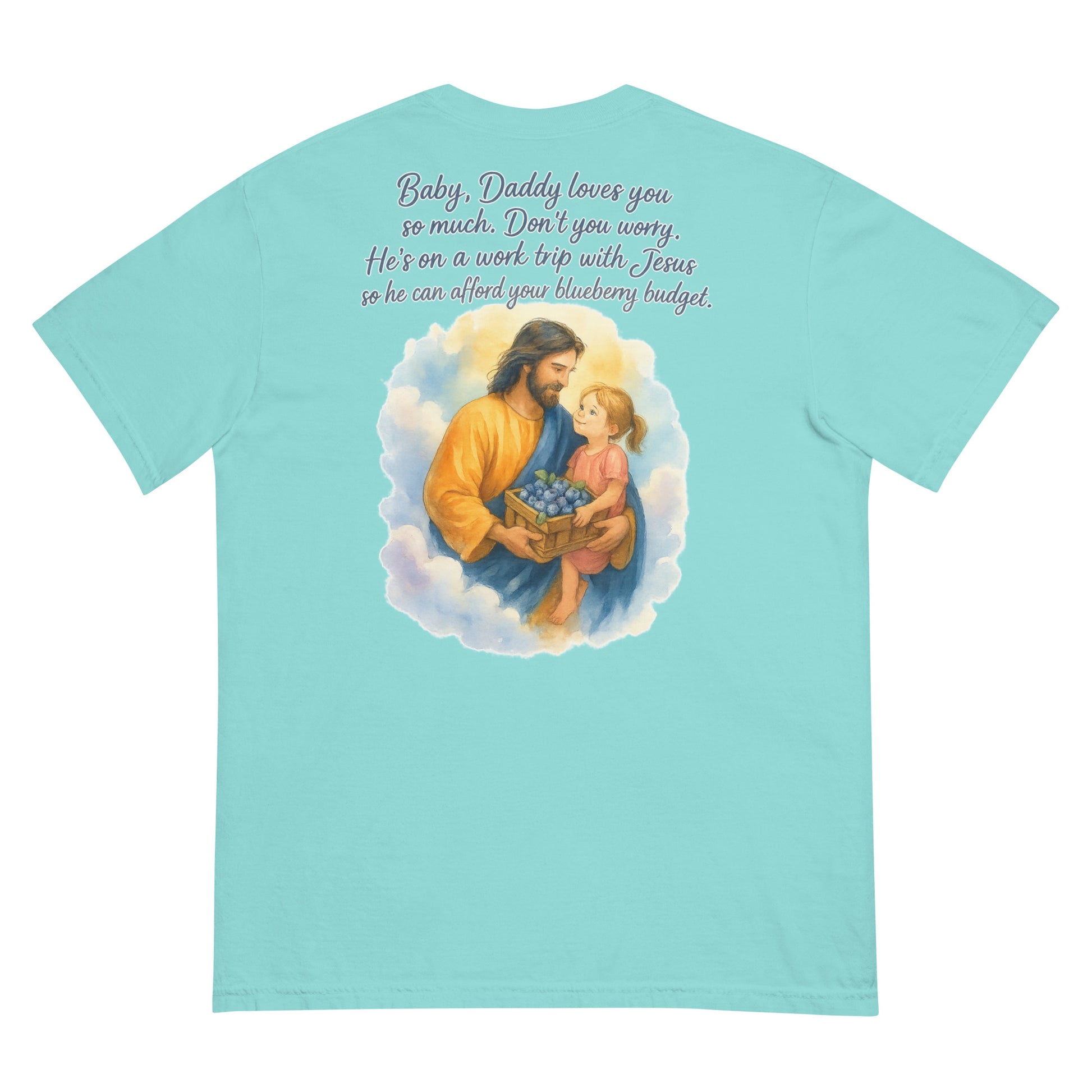 Light blue Comfort Colors t-shirt with watercolor Jesus holding a girl and blueberries, plus inspirational text.