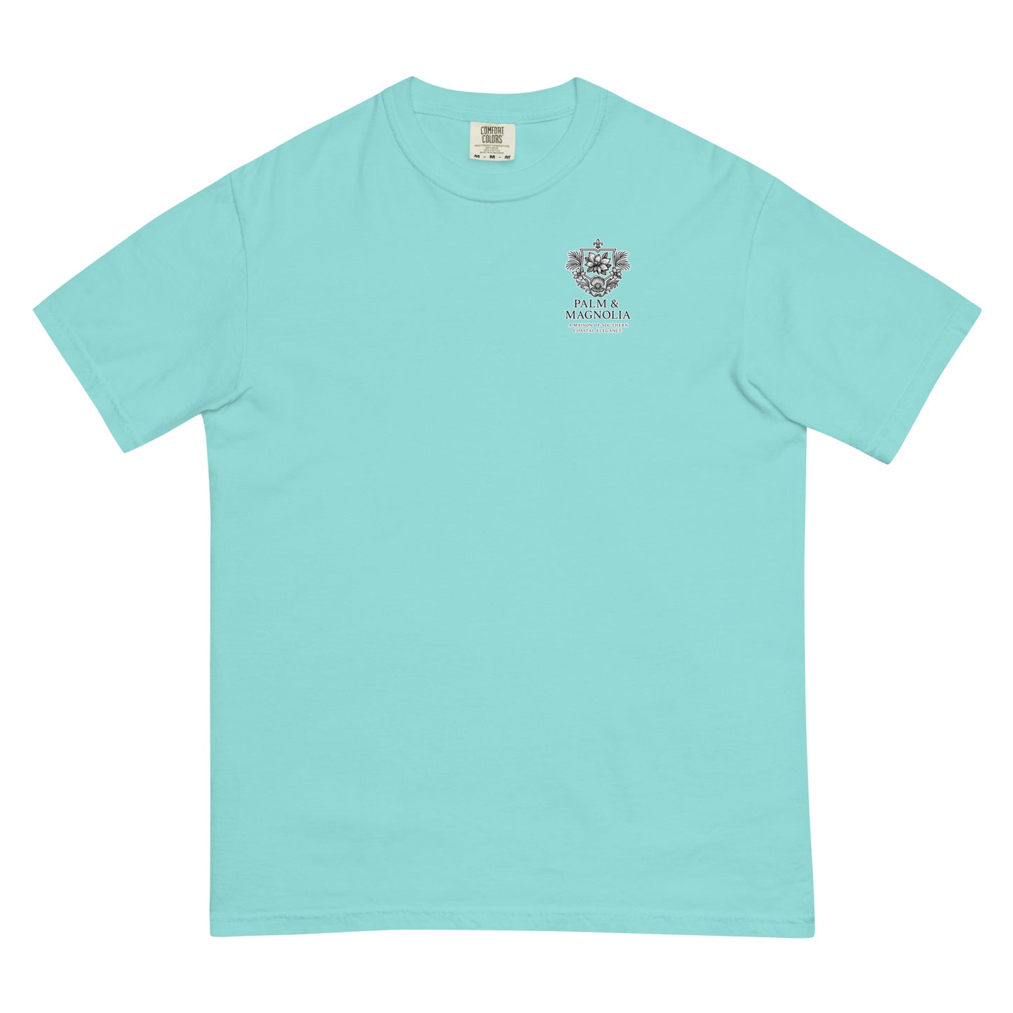 Light blue Comfort Colors T-shirt with watercolor palm and magnolia chest print.