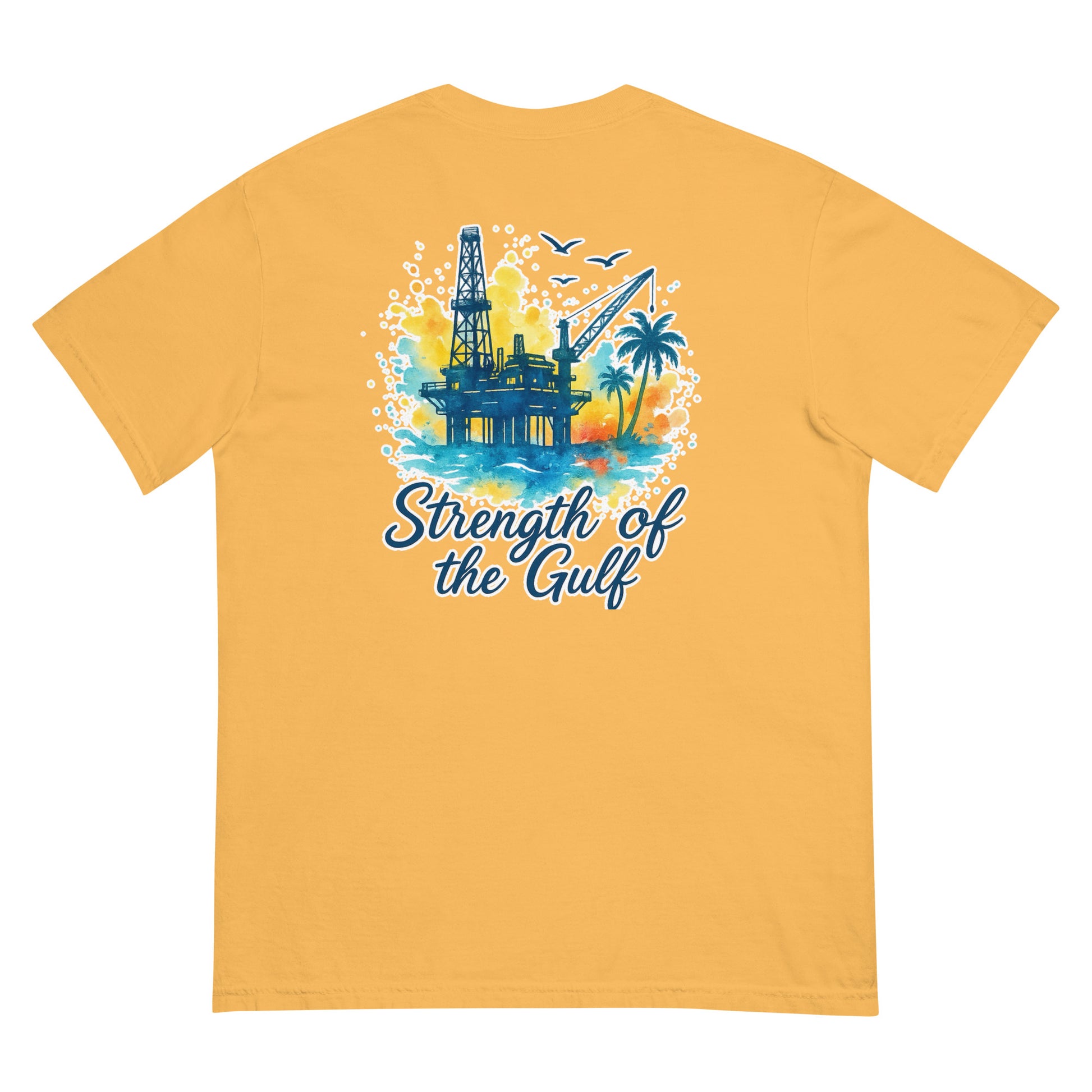 Yellow short-sleeve tee with watercolor jack-up rig, palm trees, seabirds, and "Strength of the Gulf" text on back.