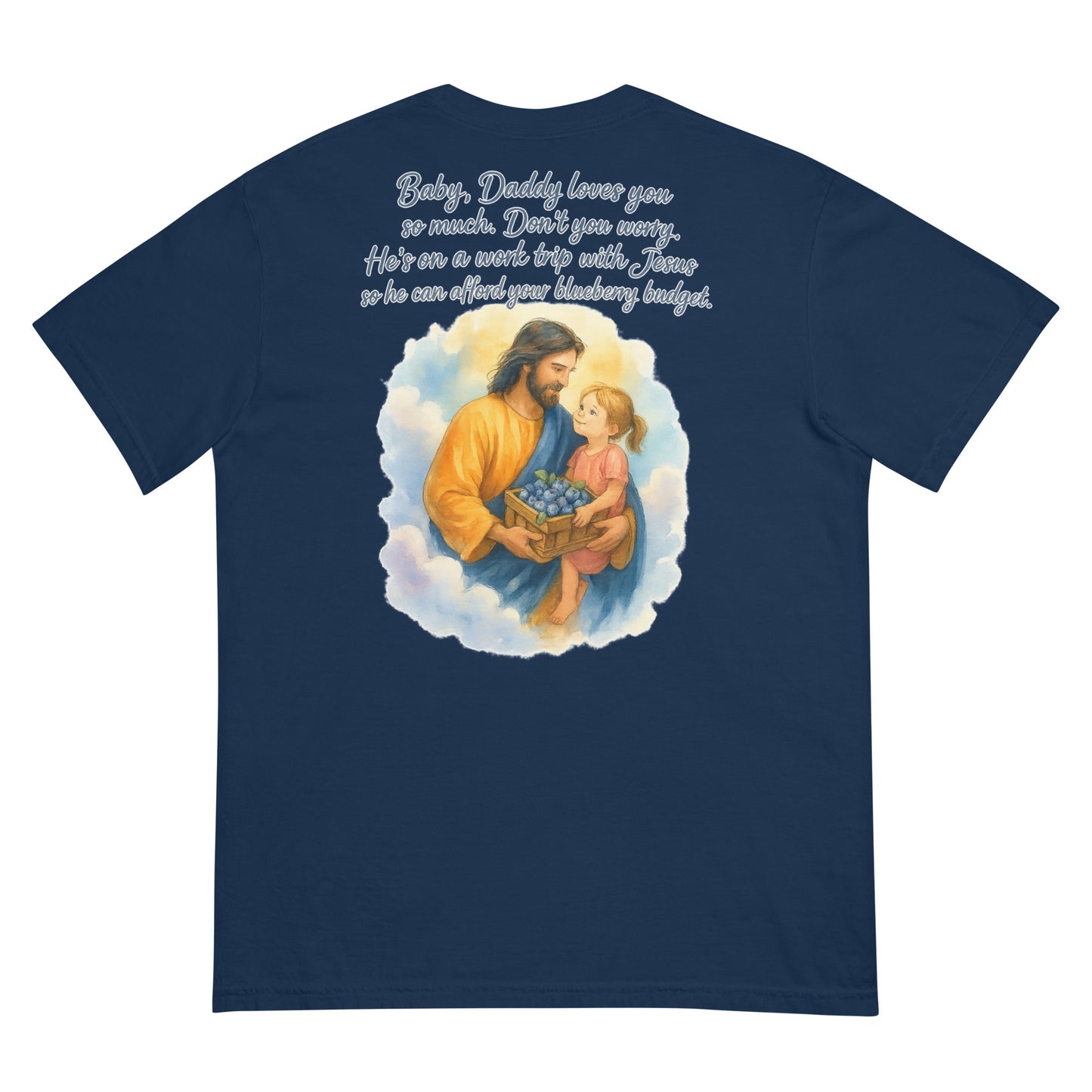 Navy Comfort Colors tee with watercolor Jesus holding girl and blueberries on back.