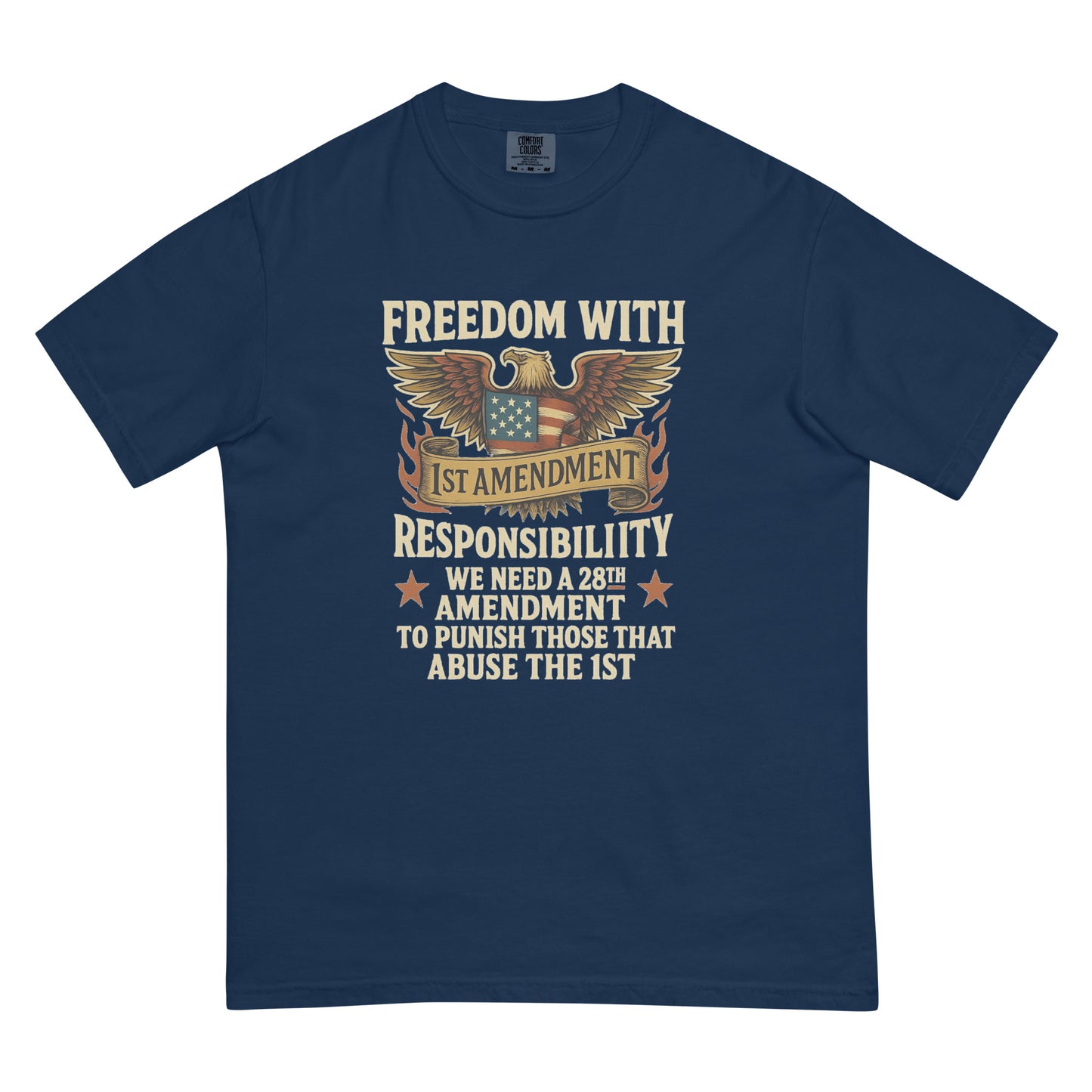 Navy heavyweight unisex t-shirt with eagle and 1st Amendment freedom design.