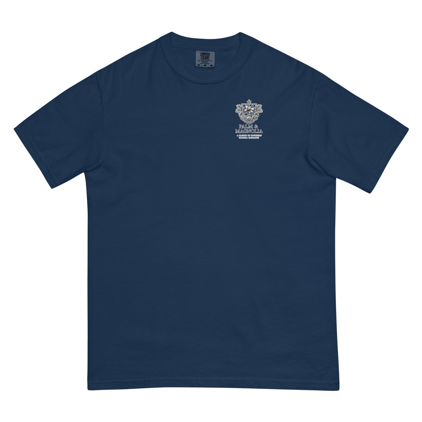 Navy Comfort Colors T-shirt with watercolor design of Christ holding a girl and blueberries.