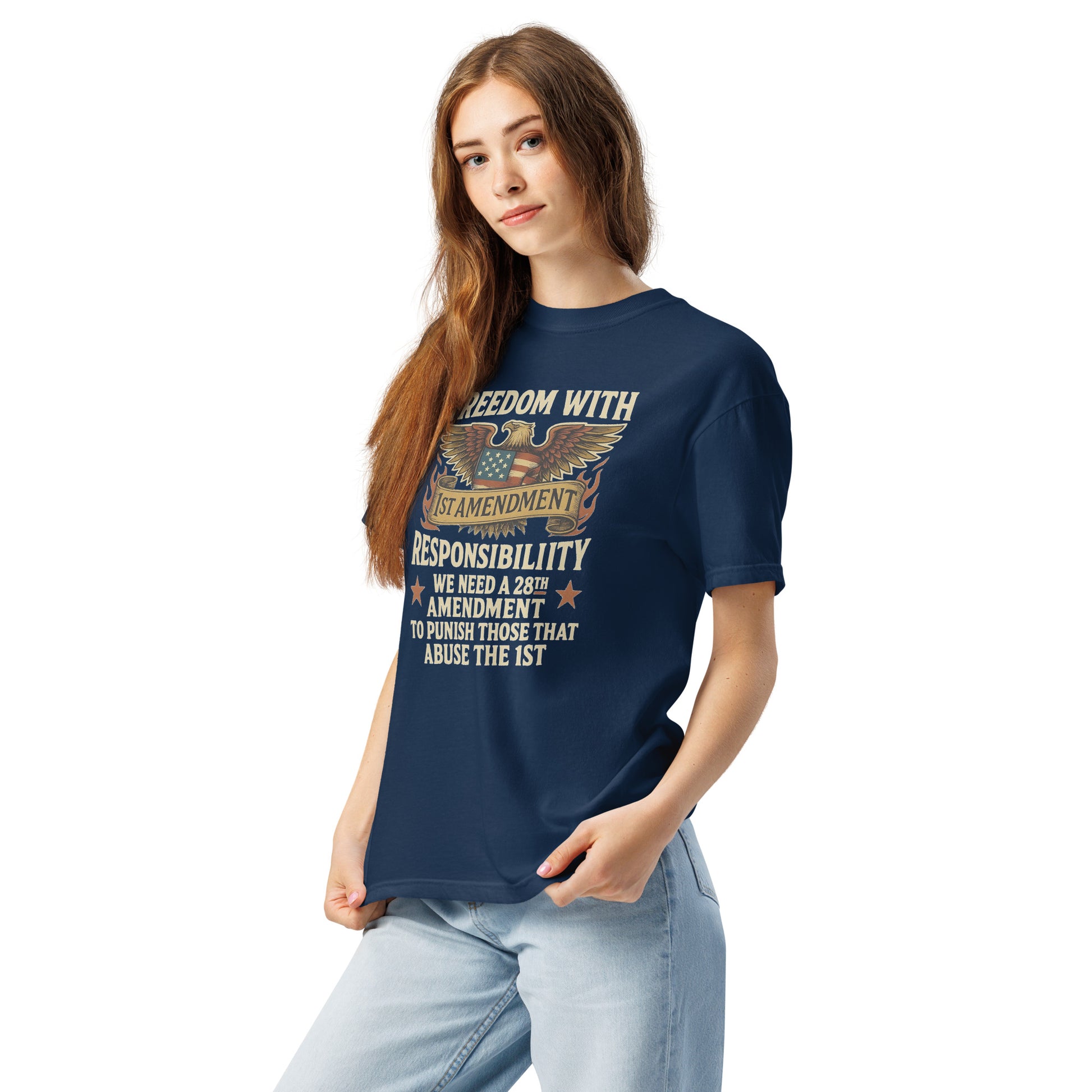 Unisex heavyweight navy t-shirt with 28th Amendment eagle and banner print, modeled by a woman.