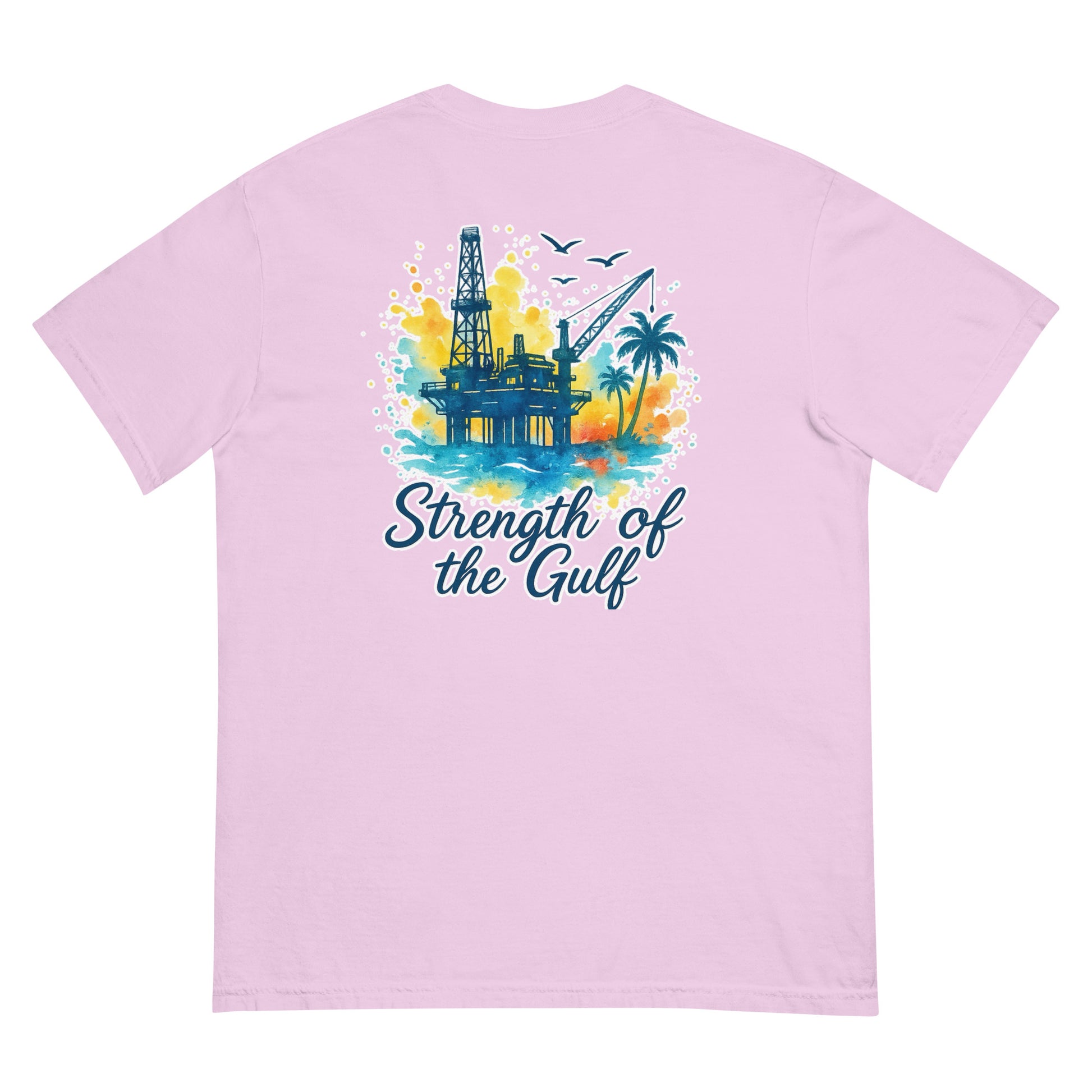 Pink Comfort Colors short-sleeve tee with watercolor jack-up rig, palm trees, and "Strength of the Gulf" text on back.