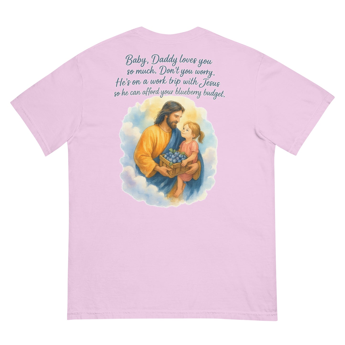 Pink Comfort Colors tee with watercolor Jesus holding girl and blueberries, plus quote.