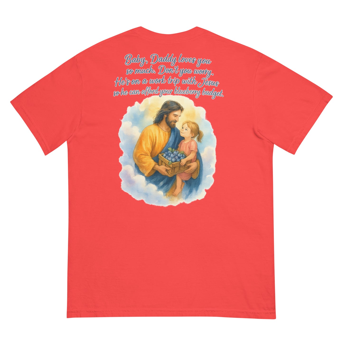 Red Comfort Colors T-shirt with watercolor Jesus holding girl and blueberry basket, quote on back.