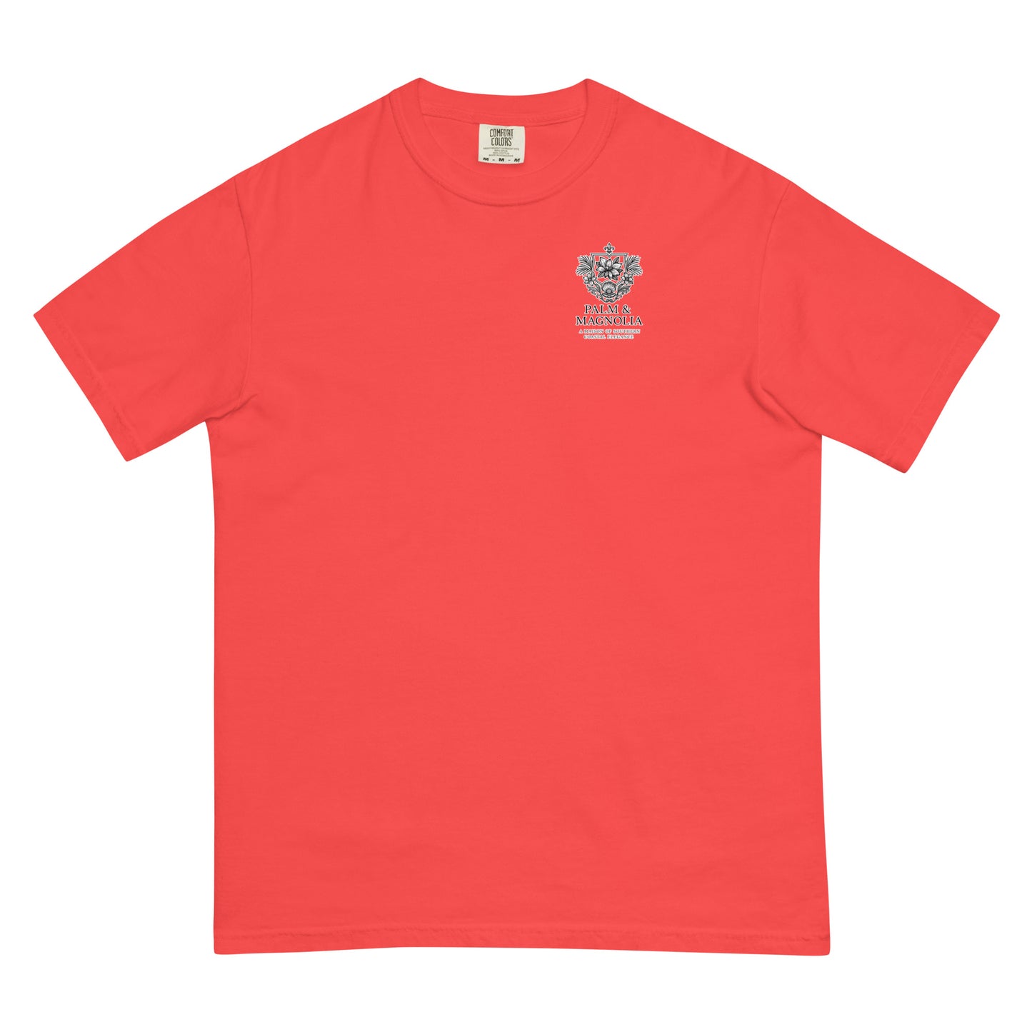 Red Comfort Colors T-shirt with embroidered crown and text on chest.