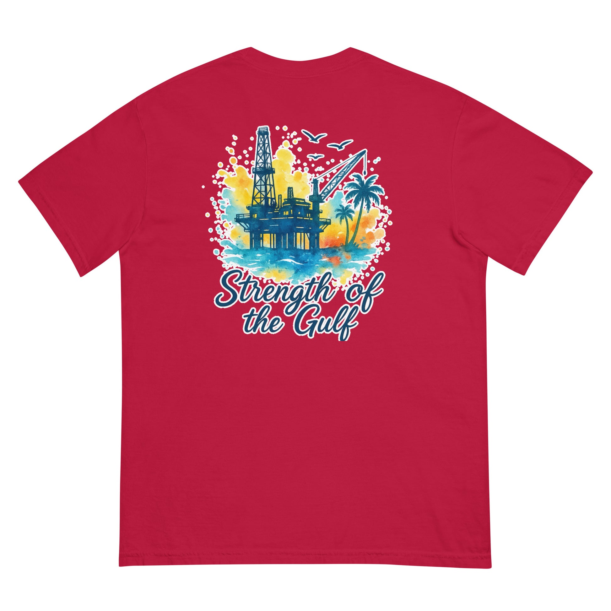Red short-sleeve tee with back print of jack-up rig, waves, palms, and "Strength of the Gulf" text.