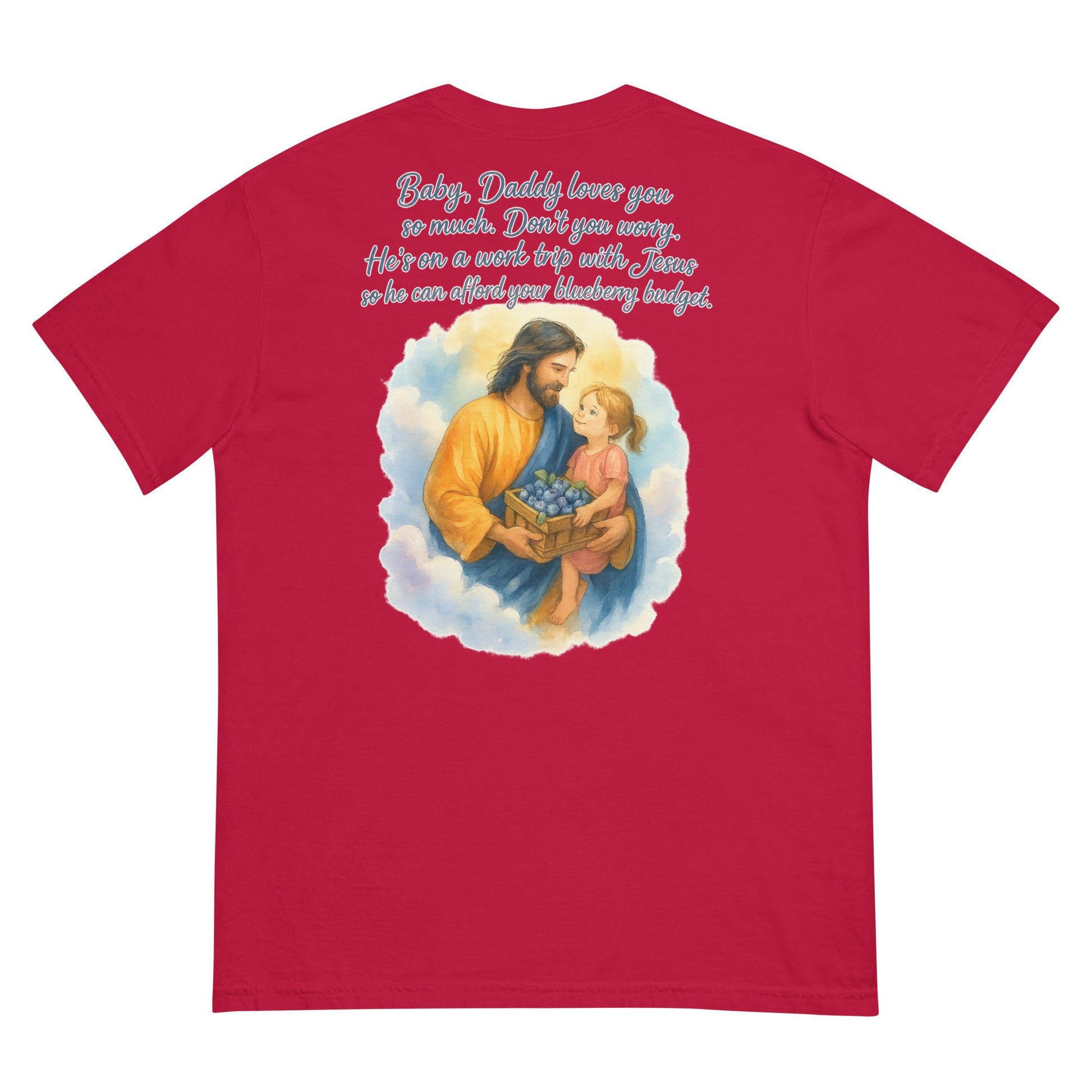 Red Comfort Colors T-shirt with watercolor Jesus holding a girl and offering blueberries, plus heartfelt quote.