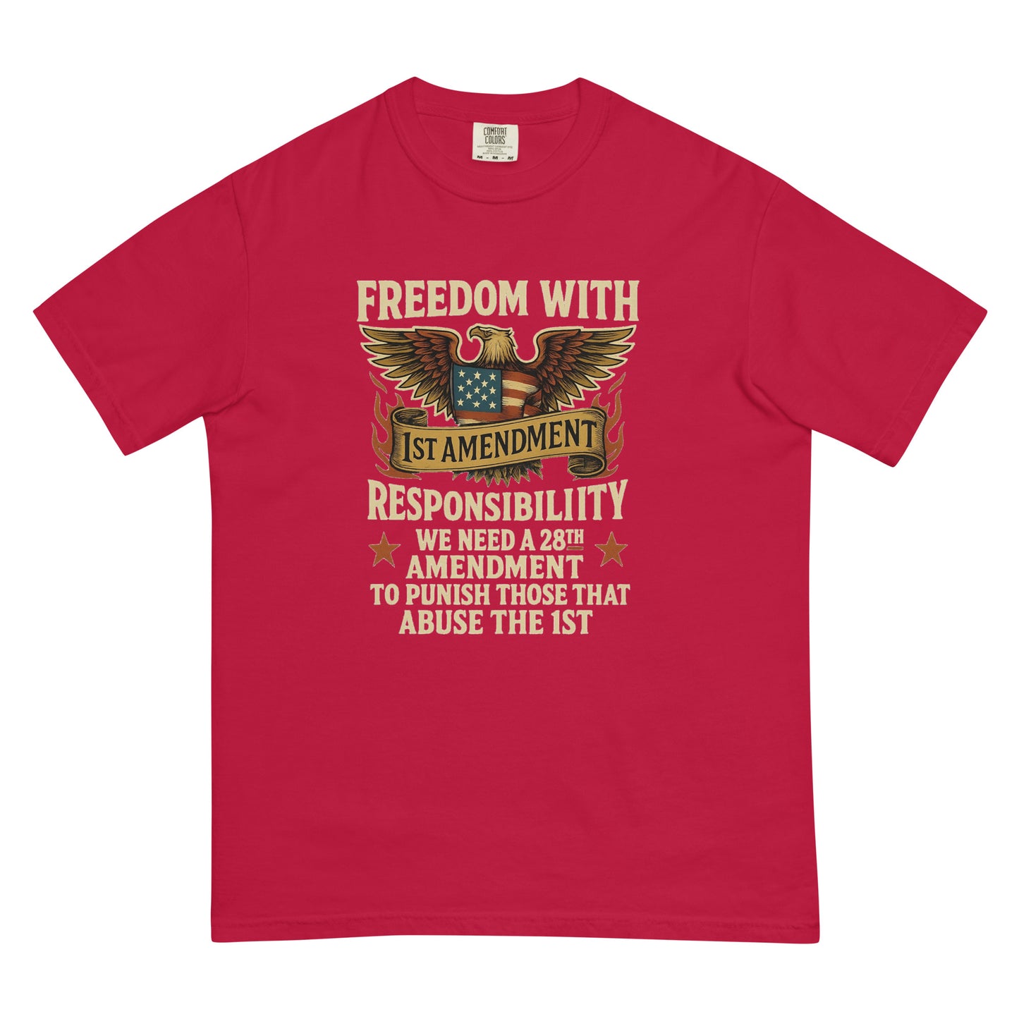 Red unisex heavyweight t-shirt with eagle and 28th Amendment freedom design.