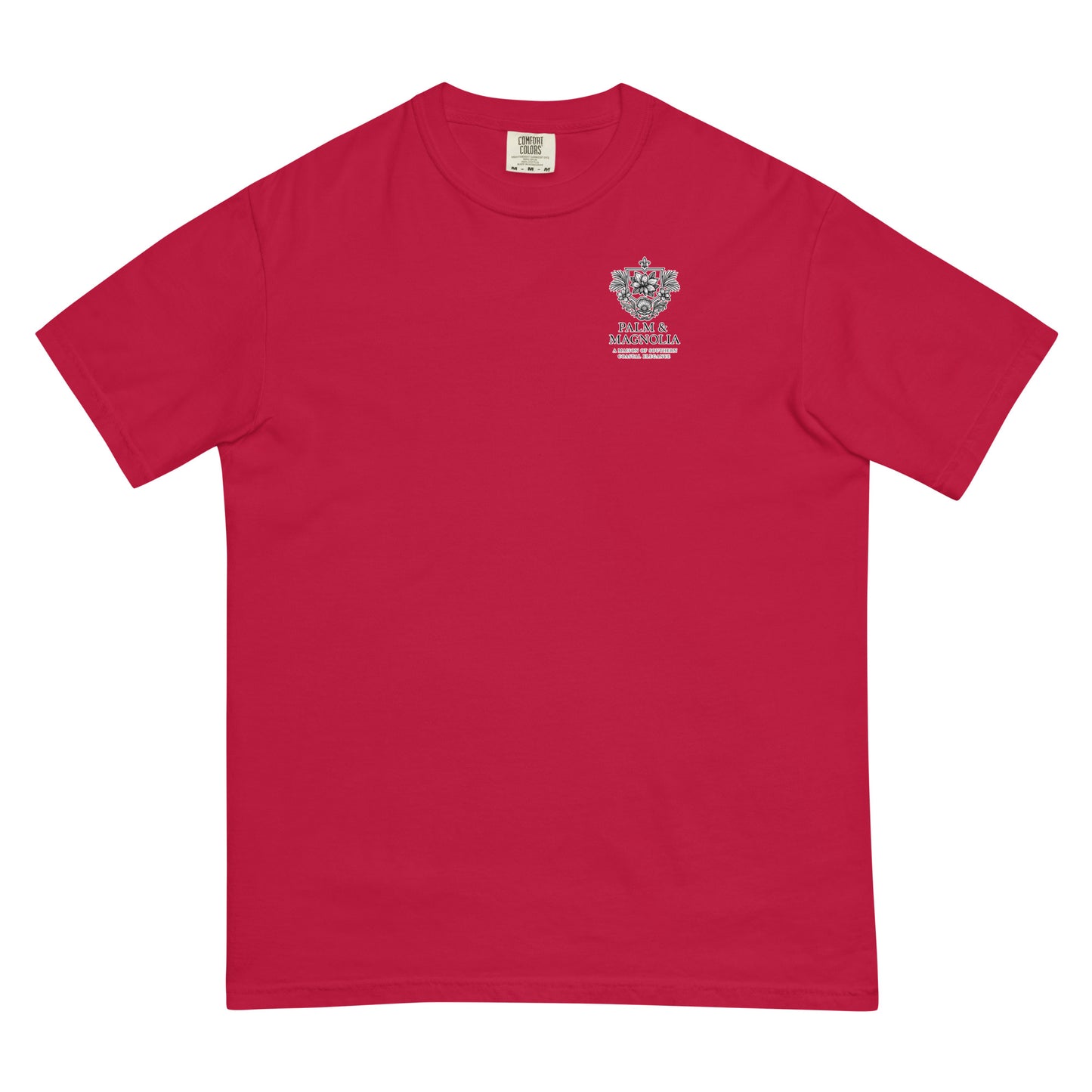 Red Comfort Colors T-shirt with watercolor design of Christ holding a girl and blueberries.