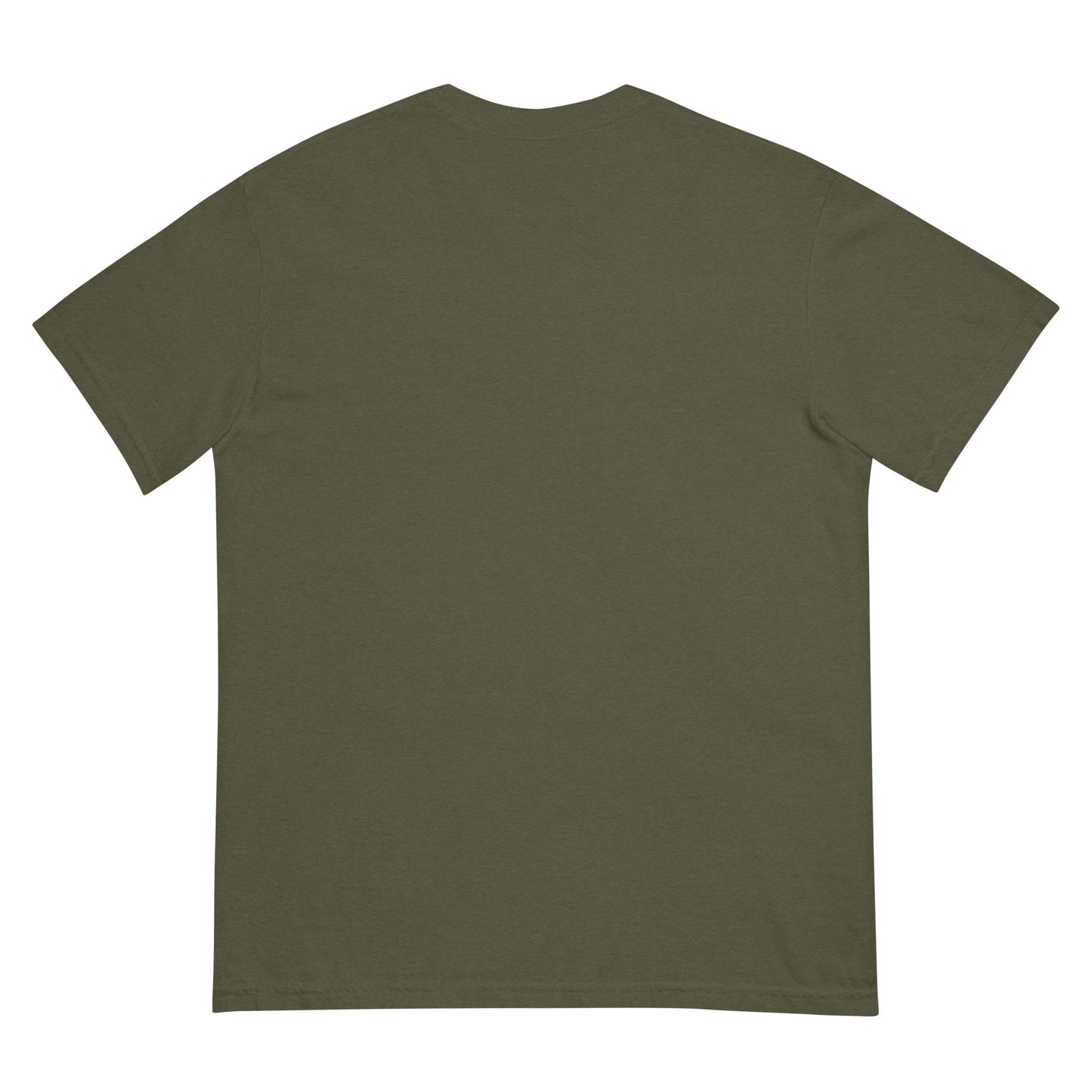Rear view of olive green heavyweight unisex t-shirt with relaxed fit.