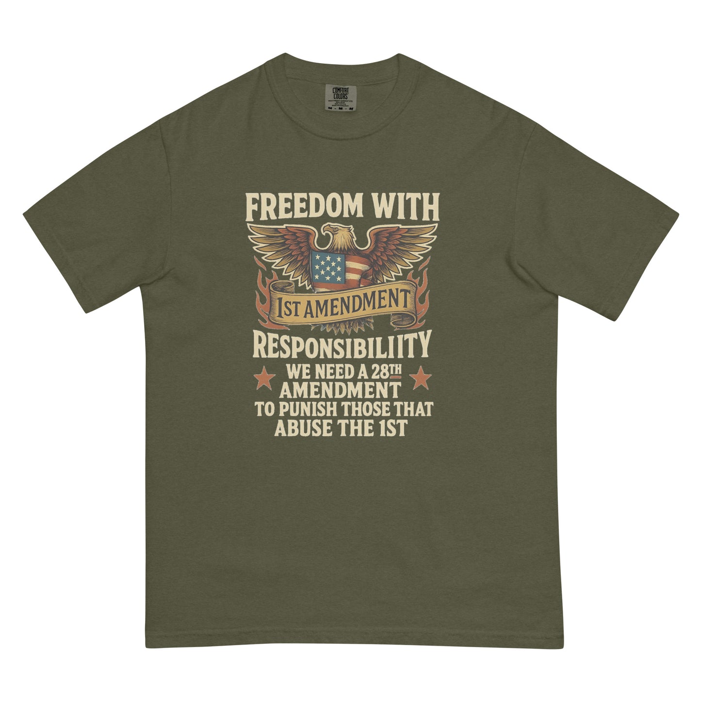 Olive green heavyweight unisex t-shirt with eagle and 28th Amendment freedom design.