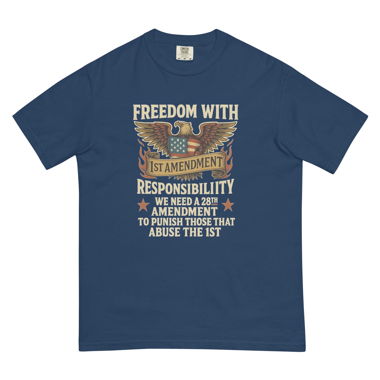 Navy heavyweight unisex t-shirt with eagle and 28th Amendment freedom design.