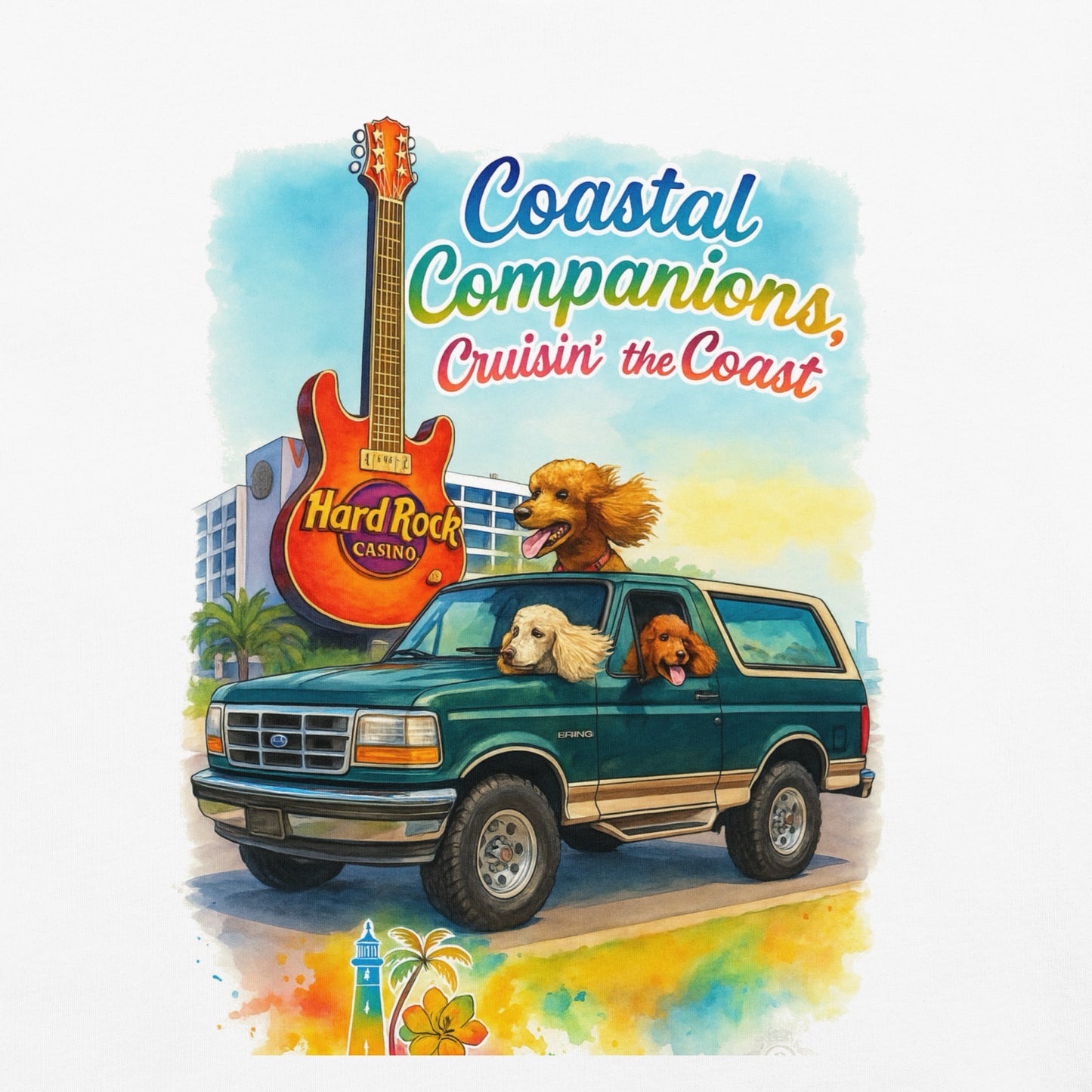 T-shirt with dogs in a green 1995 Bronco, Hard Rock guitar, and coastal text.
