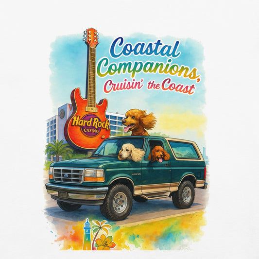 T-shirt with dogs in a green 1995 Bronco, Hard Rock guitar, and coastal text.