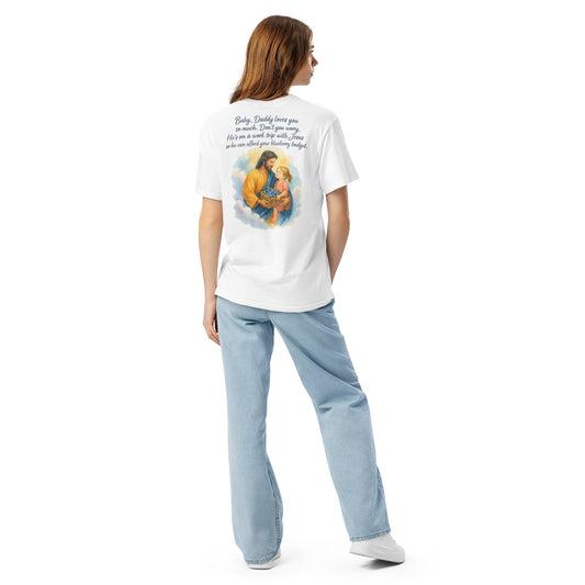 Rear view of a woman in a white Comfort Colors tee with watercolor Jesus holding a girl and blueberry text.