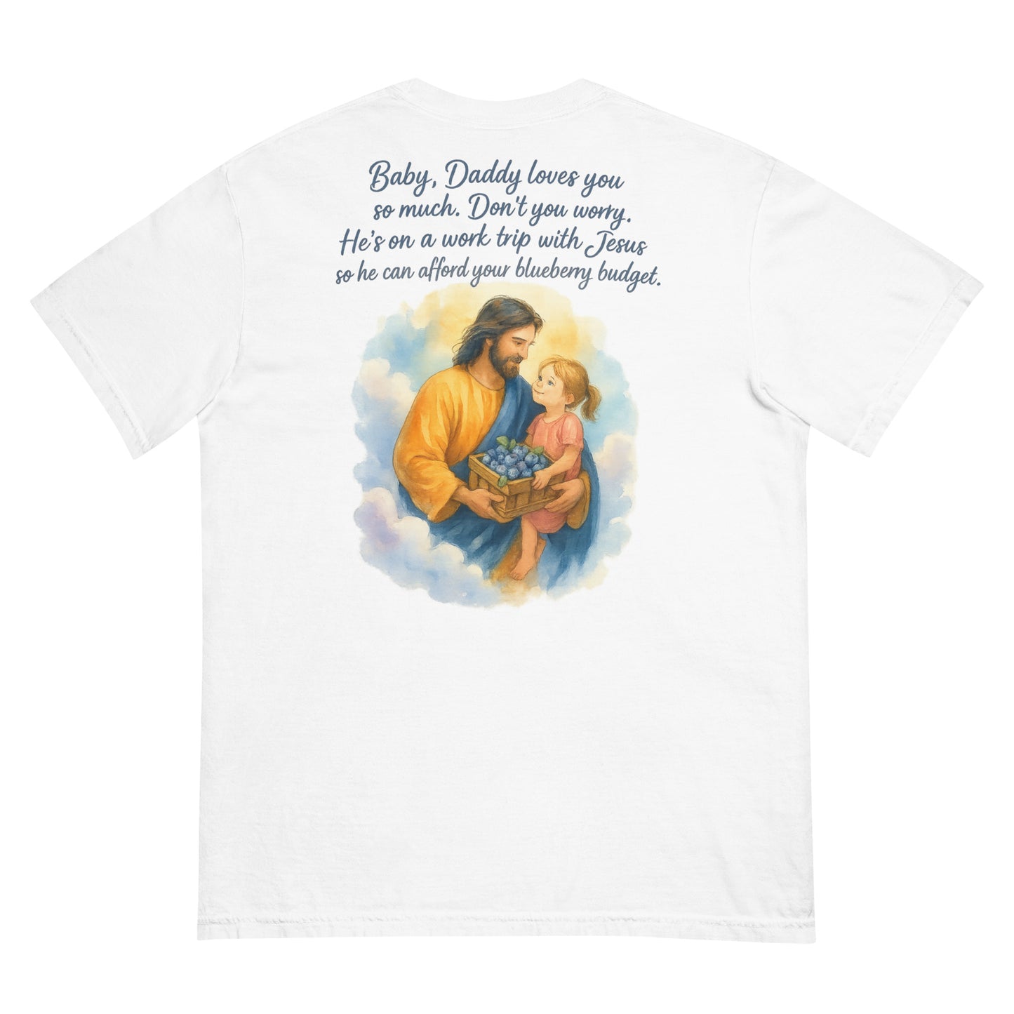 White Comfort Colors T-shirt with watercolor Jesus holding girl and blueberry basket.
