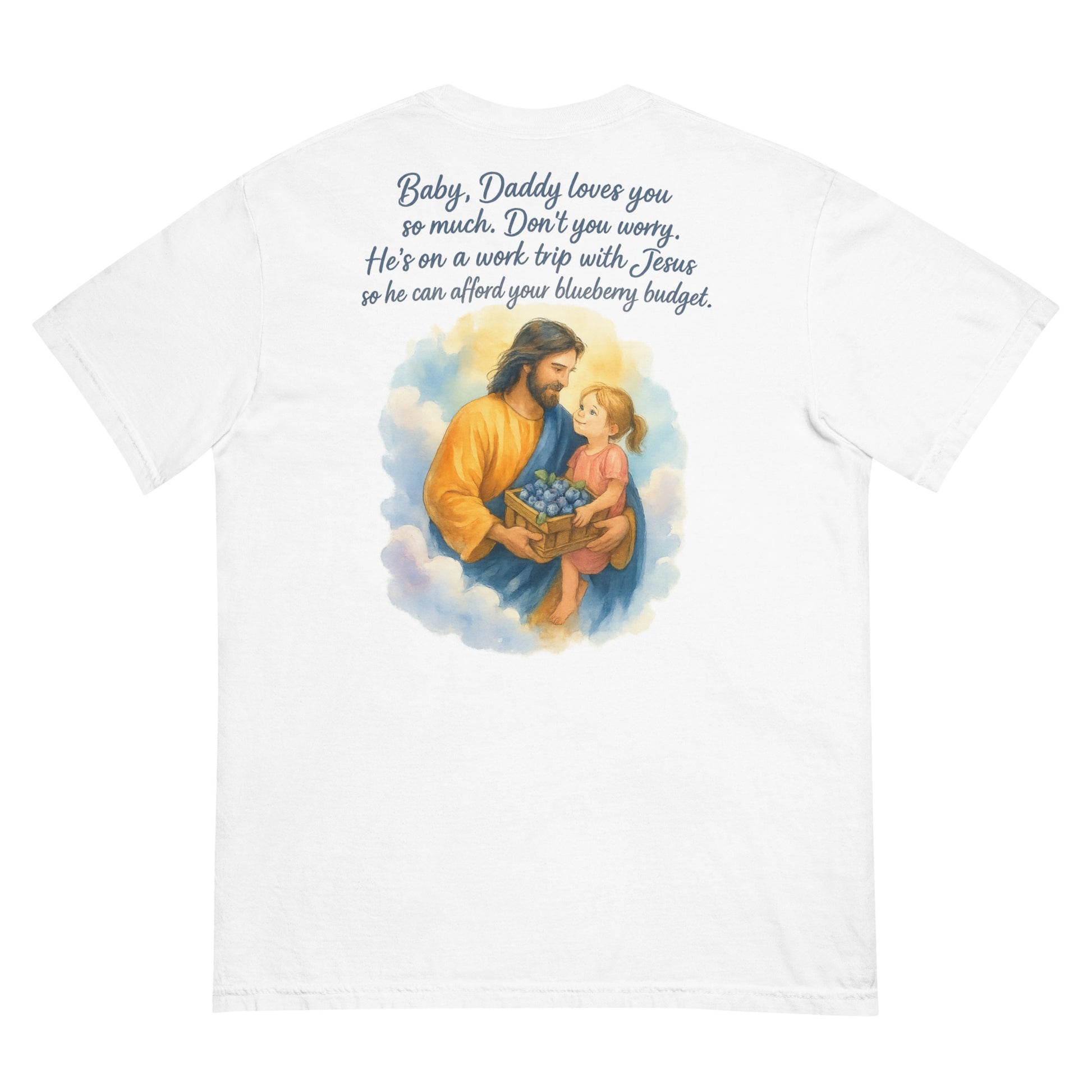 White Comfort Colors T-shirt with watercolor Jesus holding girl and blueberry basket.