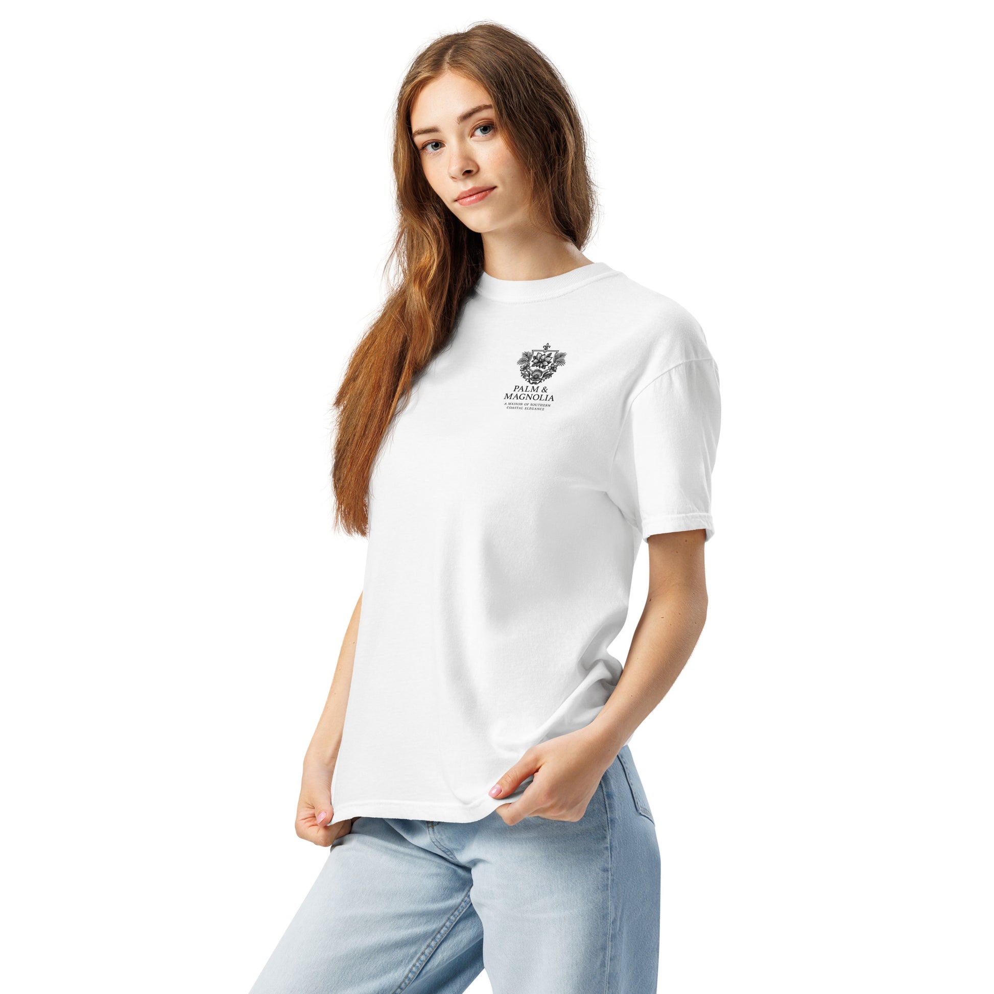White Comfort Colors tee with Coastal Companions Hard Rock Bronco graphic, modeled on woman.