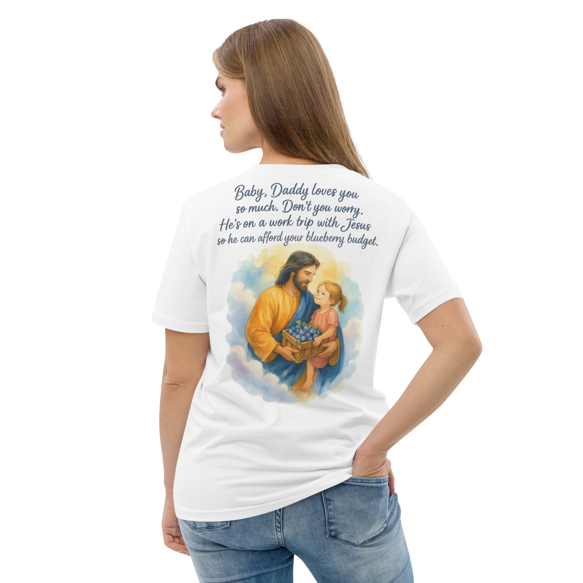White organic cotton t-shirt with watercolor Jesus embracing a child and heartfelt quote on back.