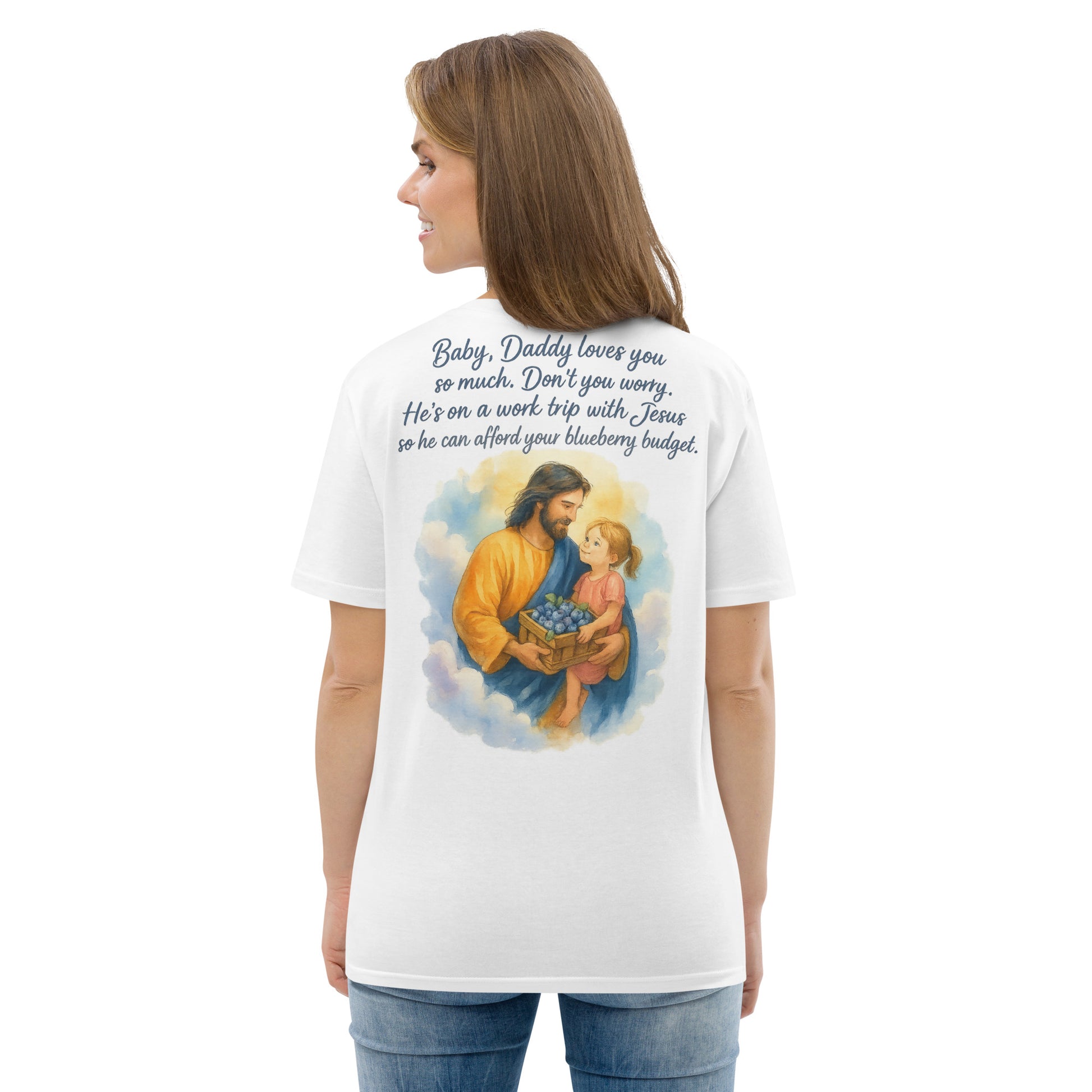 White organic cotton t-shirt with back print of Jesus holding a child and blueberry basket, plus heartfelt quote.