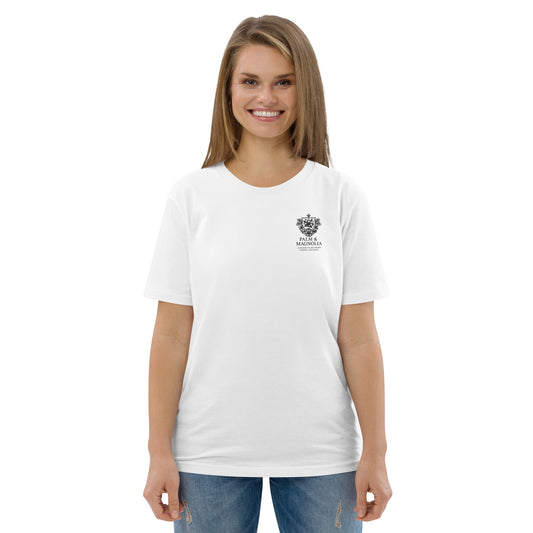 Woman modeling a white organic cotton t-shirt with a small crest emblem on the chest.