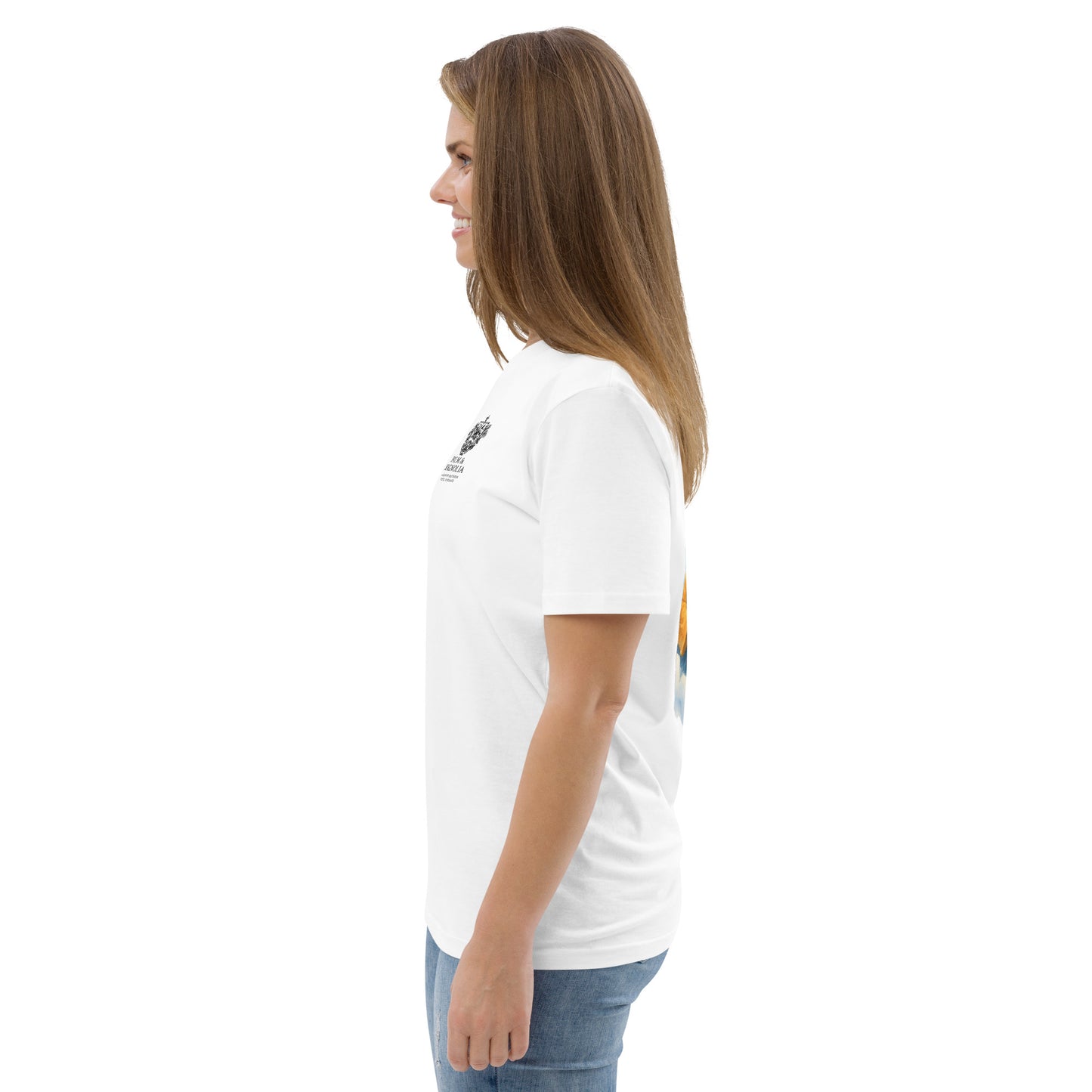 Side profile of a woman wearing a white organic cotton t-shirt with a colorful back design.