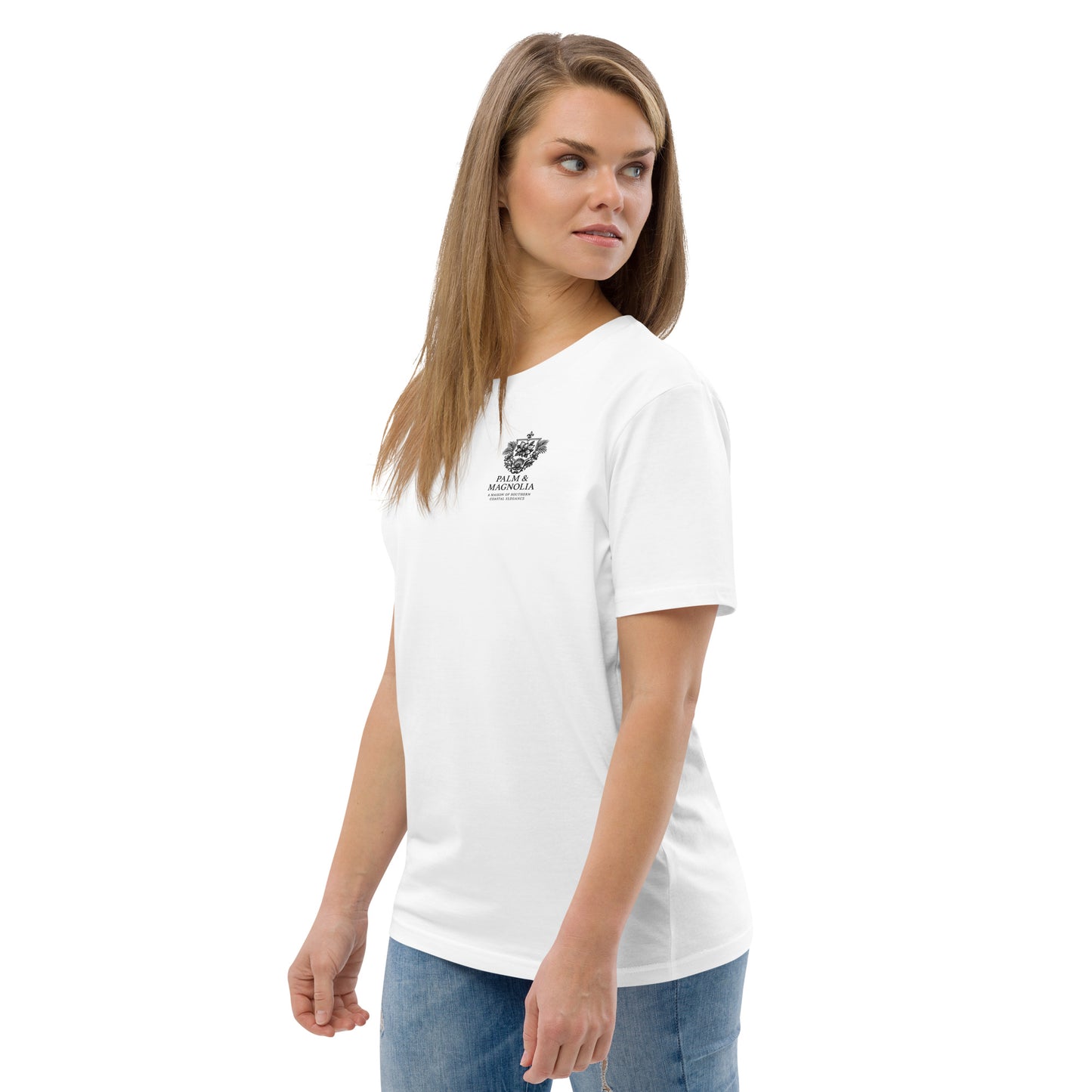 A woman models a white organic cotton tee with a watercolor heavenly embrace design on the chest.