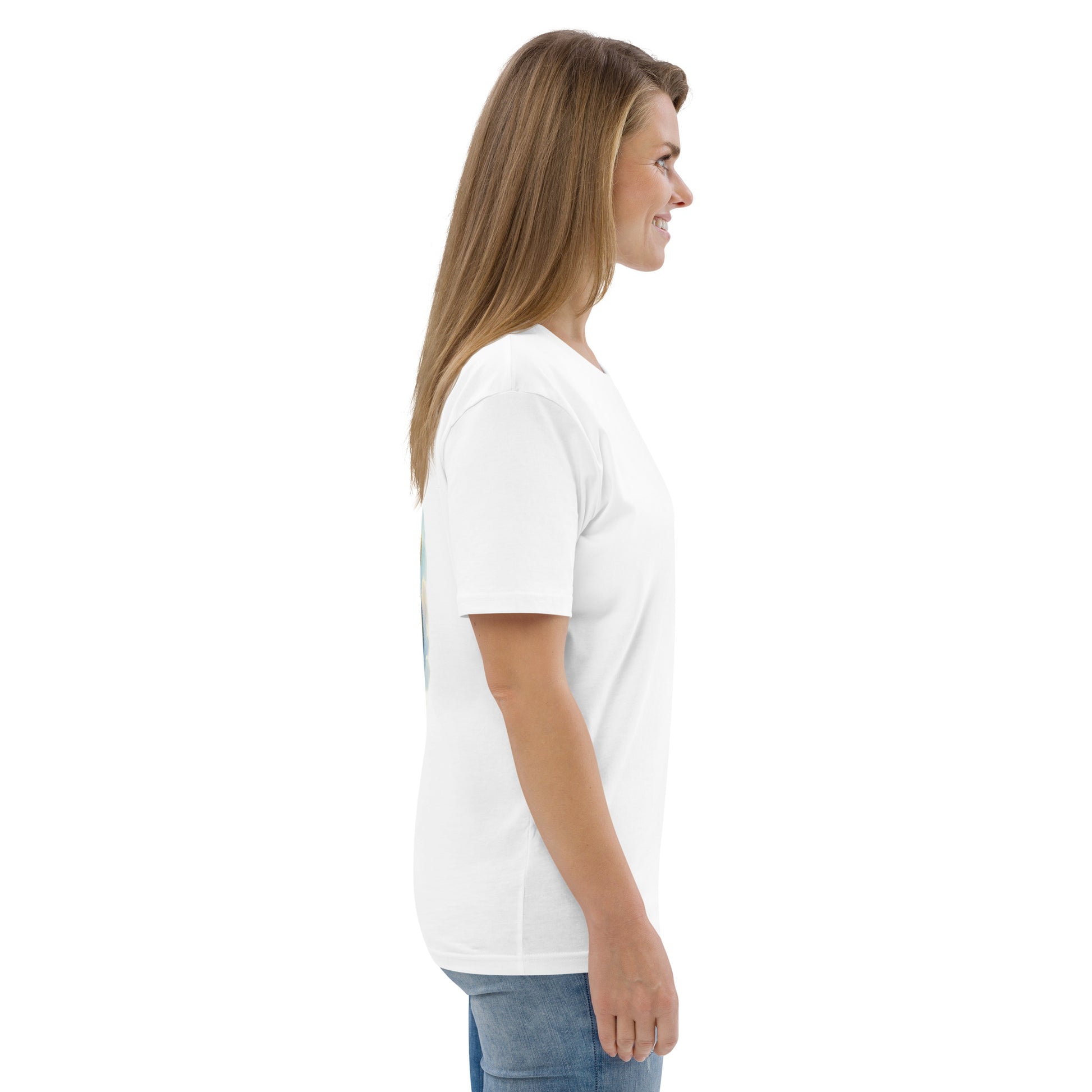 Side profile of a woman wearing a white organic cotton t-shirt with back design.