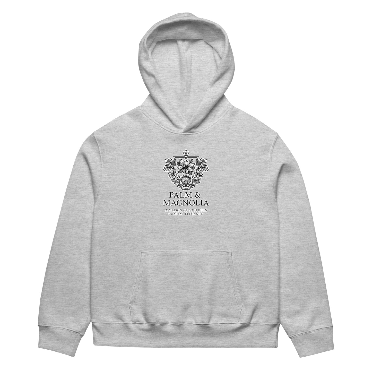 Oversized gray hoodie with "Hope Anchors the Soul" text and anchor emblem on chest.