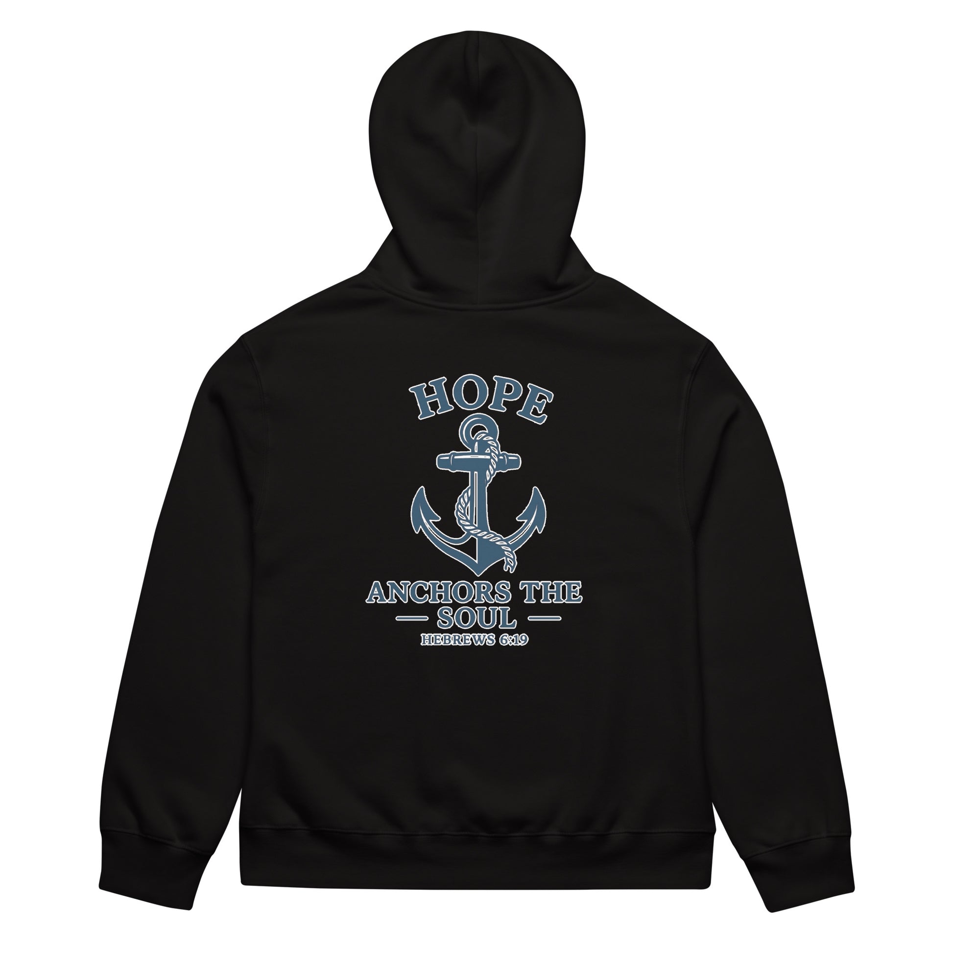 Black oversized hoodie with "Hope Anchors the Soul" text and anchor graphic on back.