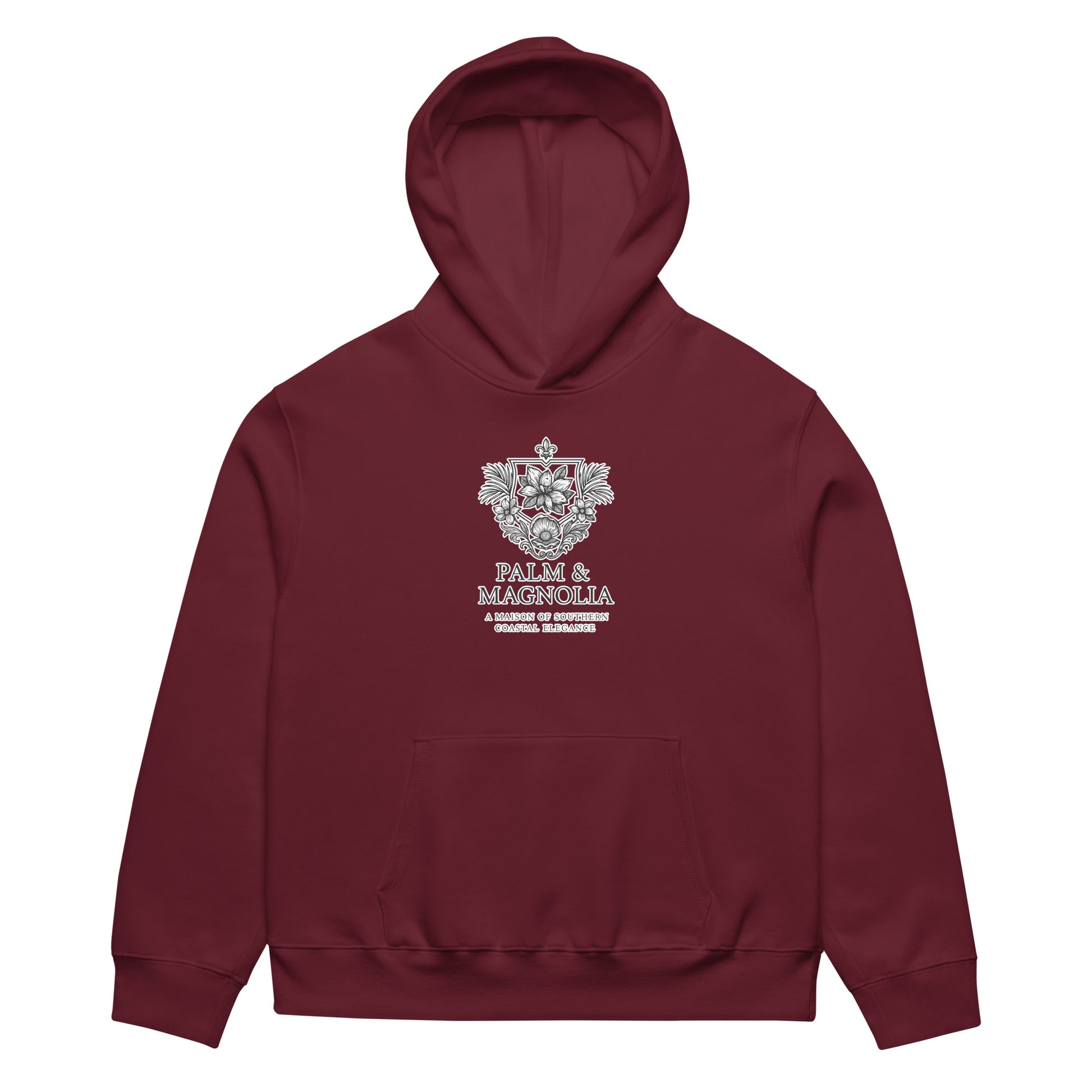 Oversized burgundy hoodie with "Hope Anchors the Soul" embroidered crest on chest.