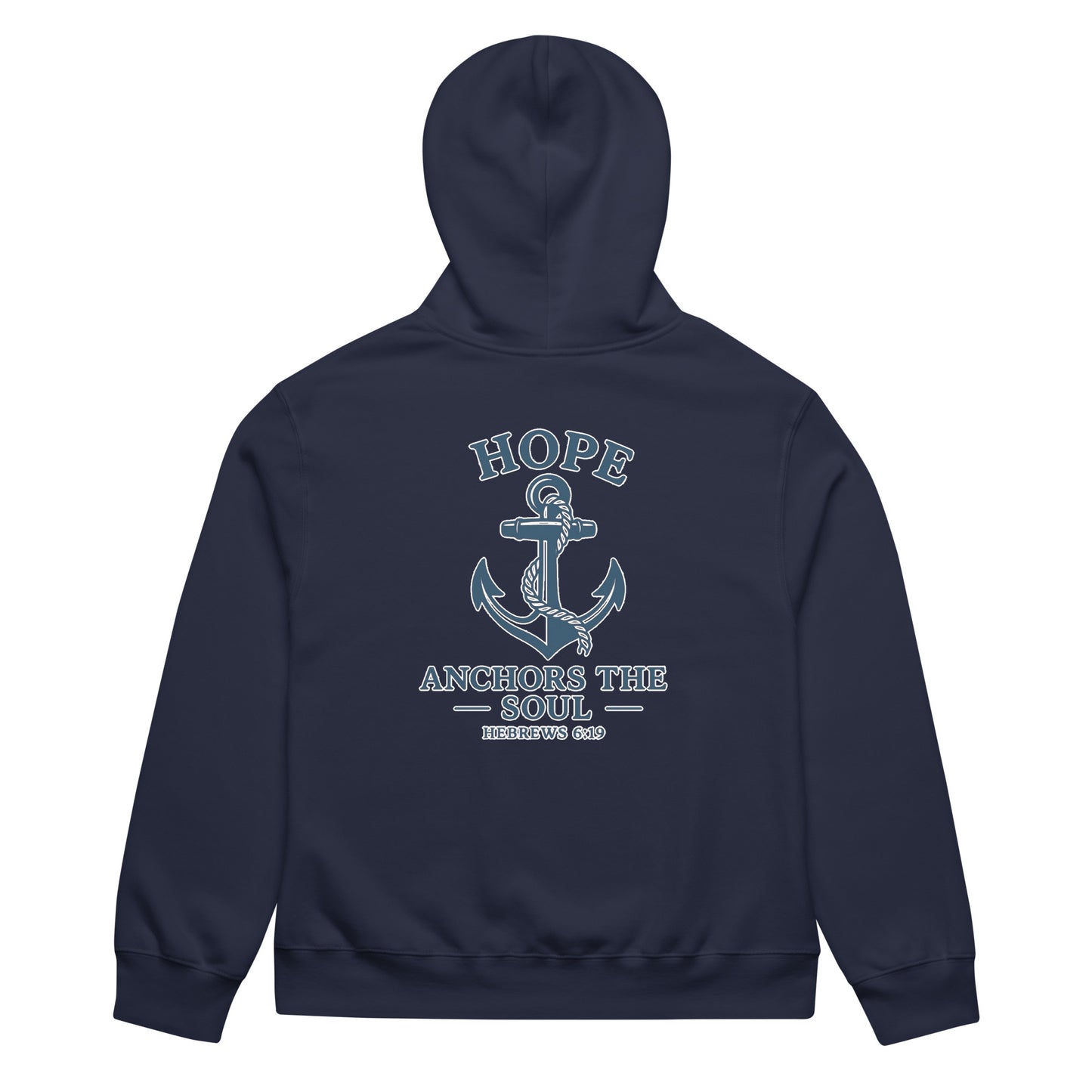 Navy oversized hoodie with "Hope Anchors the Soul" anchor graphic on back.