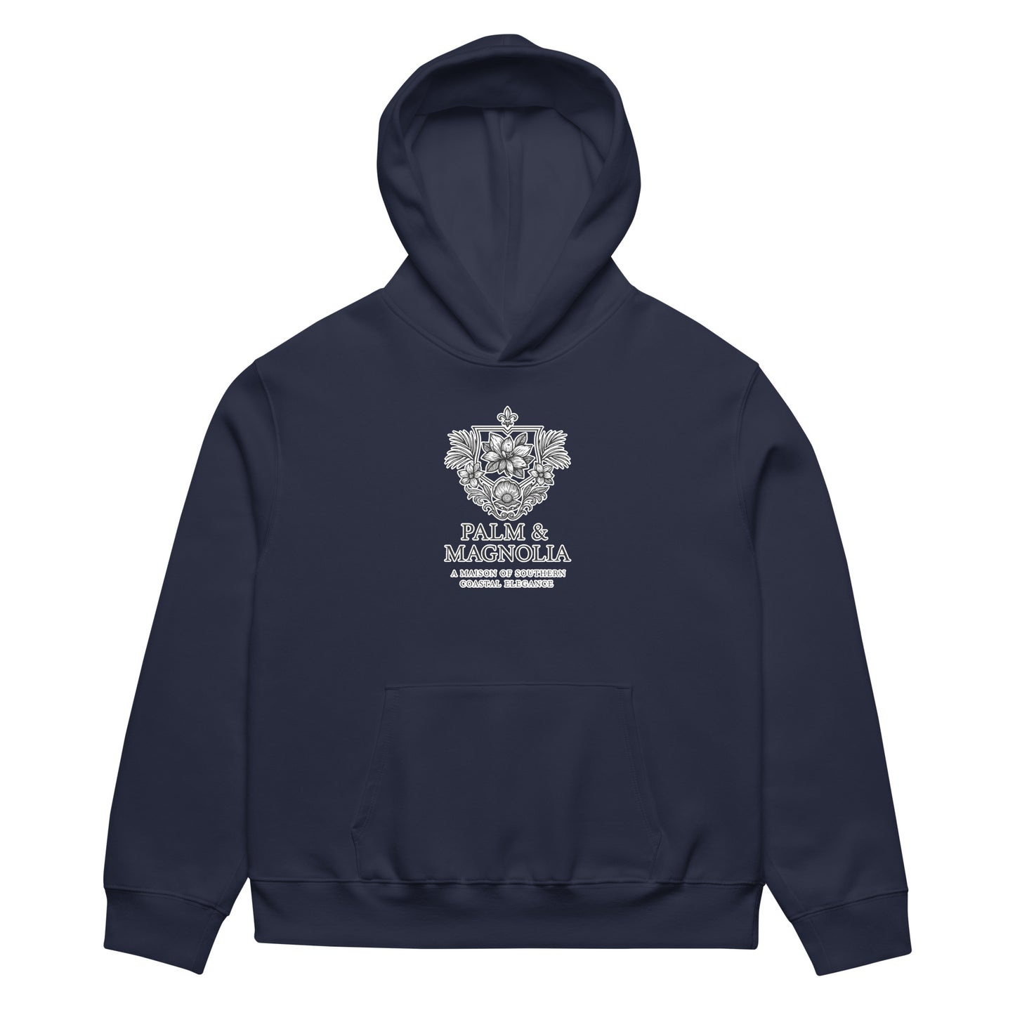 Oversized navy hoodie with "Hope Anchors the Soul" embroidered crest on chest.
