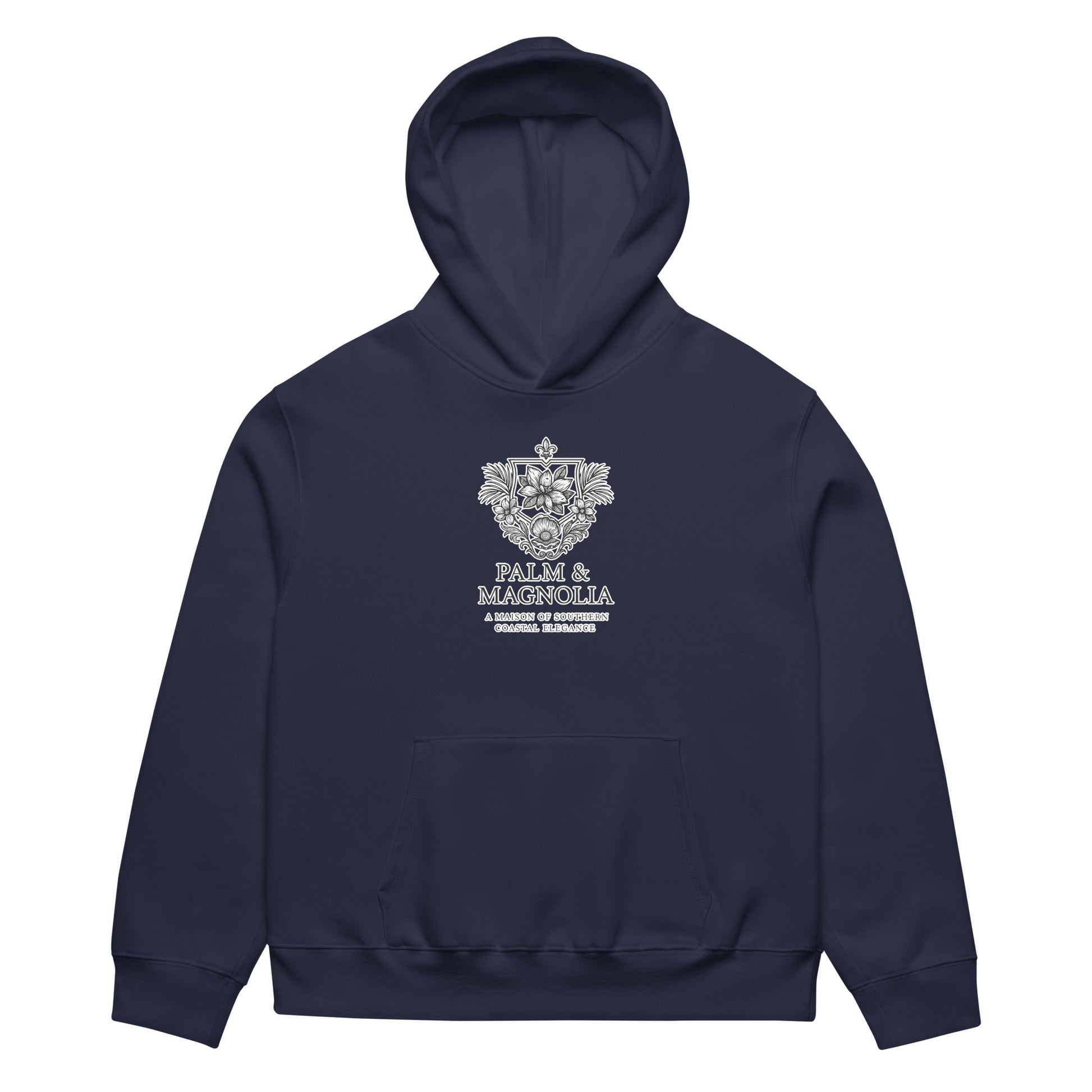 Oversized navy hoodie with "Hope Anchors the Soul" embroidered crest on chest.