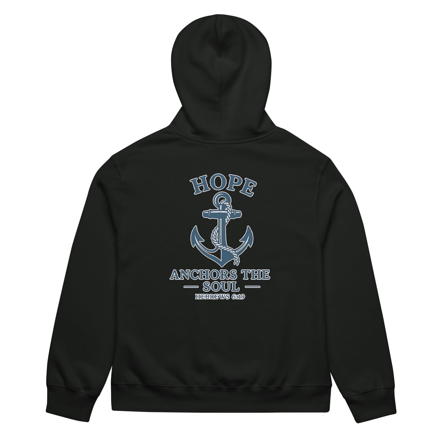 Black oversized hoodie with "Hope Anchors the Soul" text and anchor graphic on back.